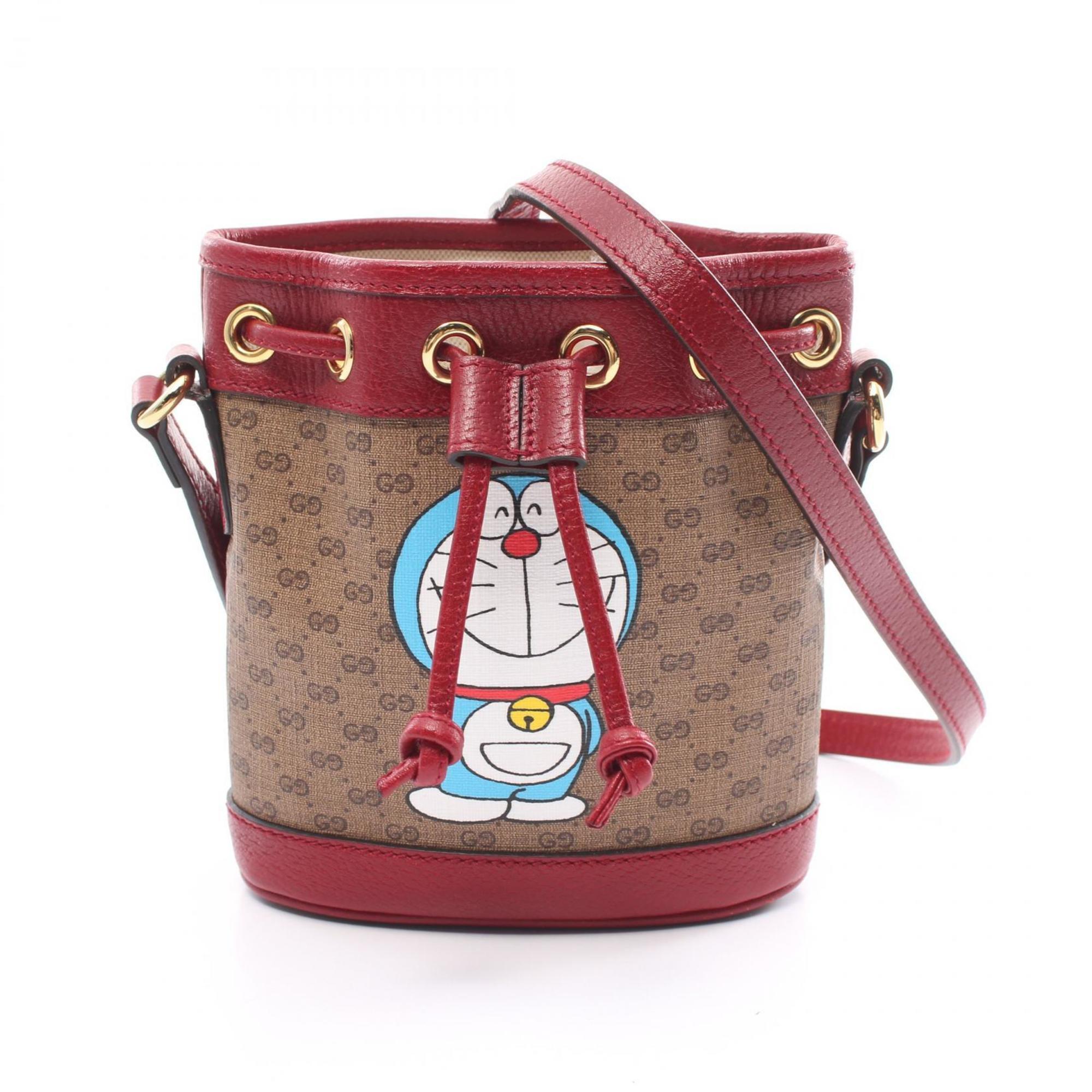 Gucci GUCCI x Doraemon Bucket Bag Micro GG Supreme Shoulder Coated Canvas Leather Women's Brown Multicolor 647801