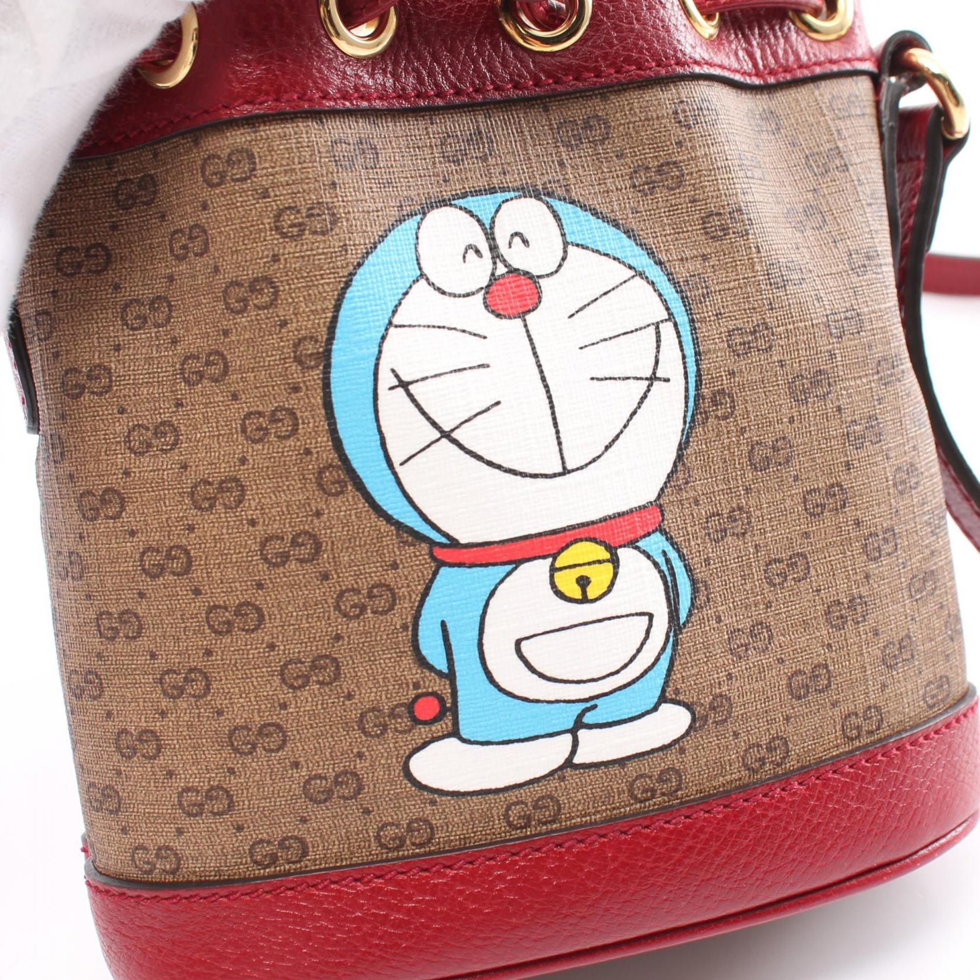 Gucci GUCCI x Doraemon Bucket Bag Micro GG Supreme Shoulder Coated Canvas Leather Women's Brown Multicolor 647801