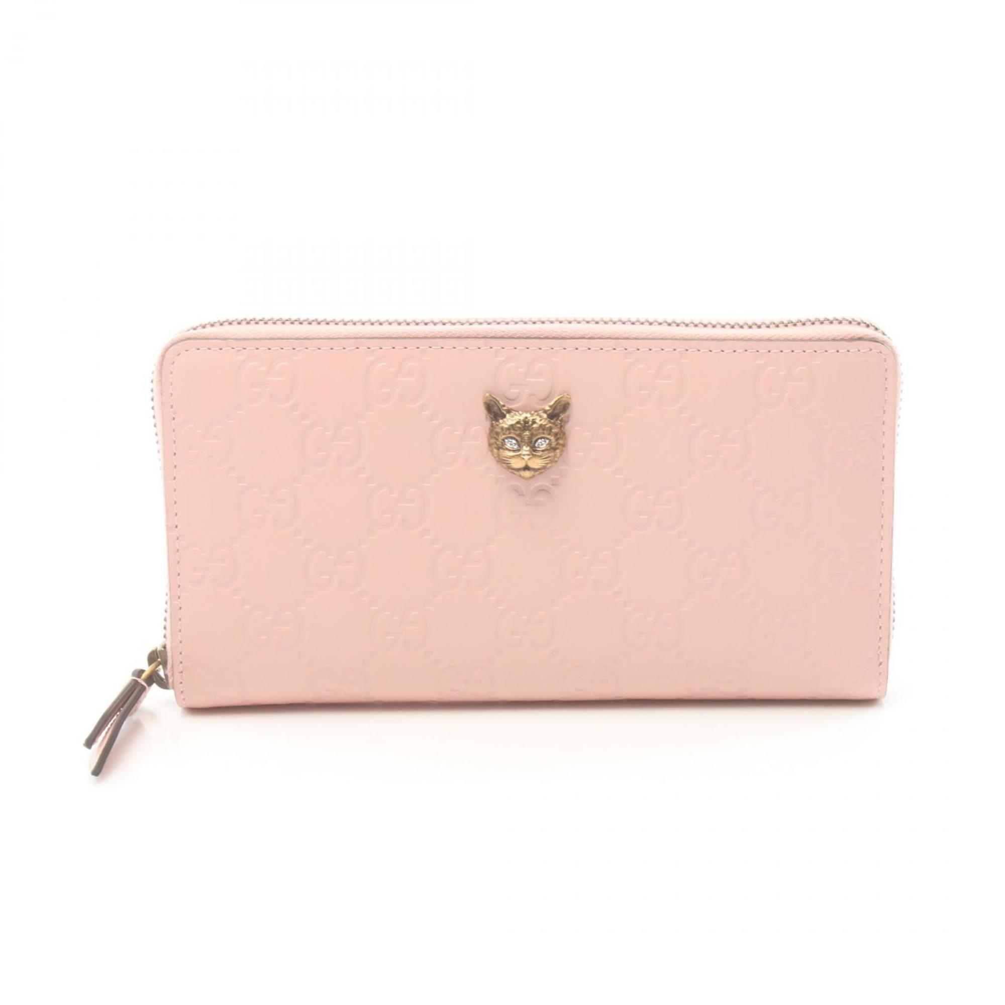 GUCCI Linea Cat Guccissima Round Long Wallet Leather Women's Pink 548058