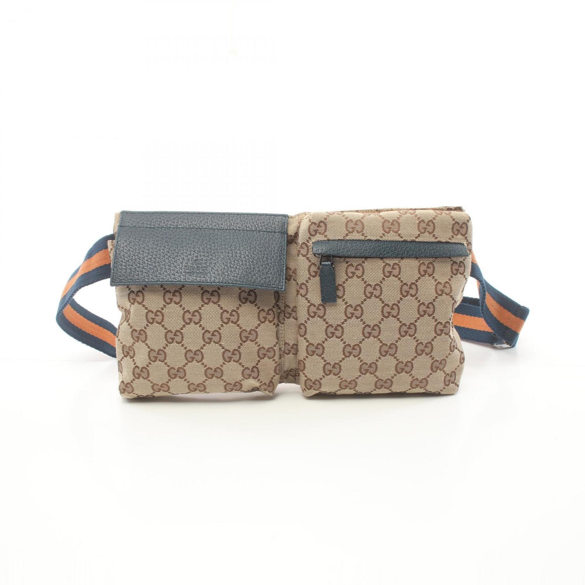 Gucci GG Canvas Waist Bag Body Leather Men Women Beige Navy Brown 28566