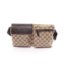 Gucci GG Canvas Waist Bag Body Leather Men Women Beige Brown 28566