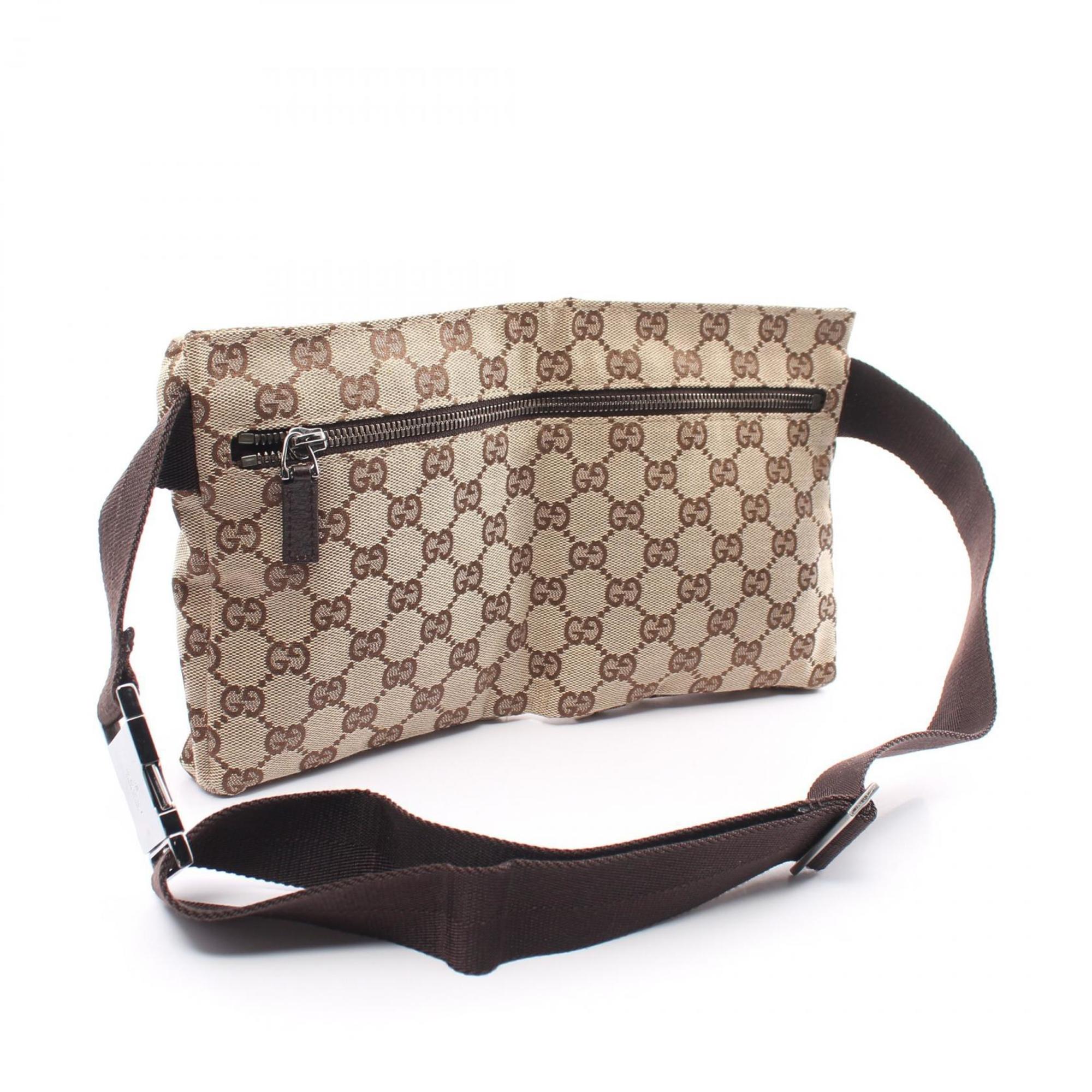 Gucci GG Canvas Waist Bag Body Leather Men Women Beige Brown 28566