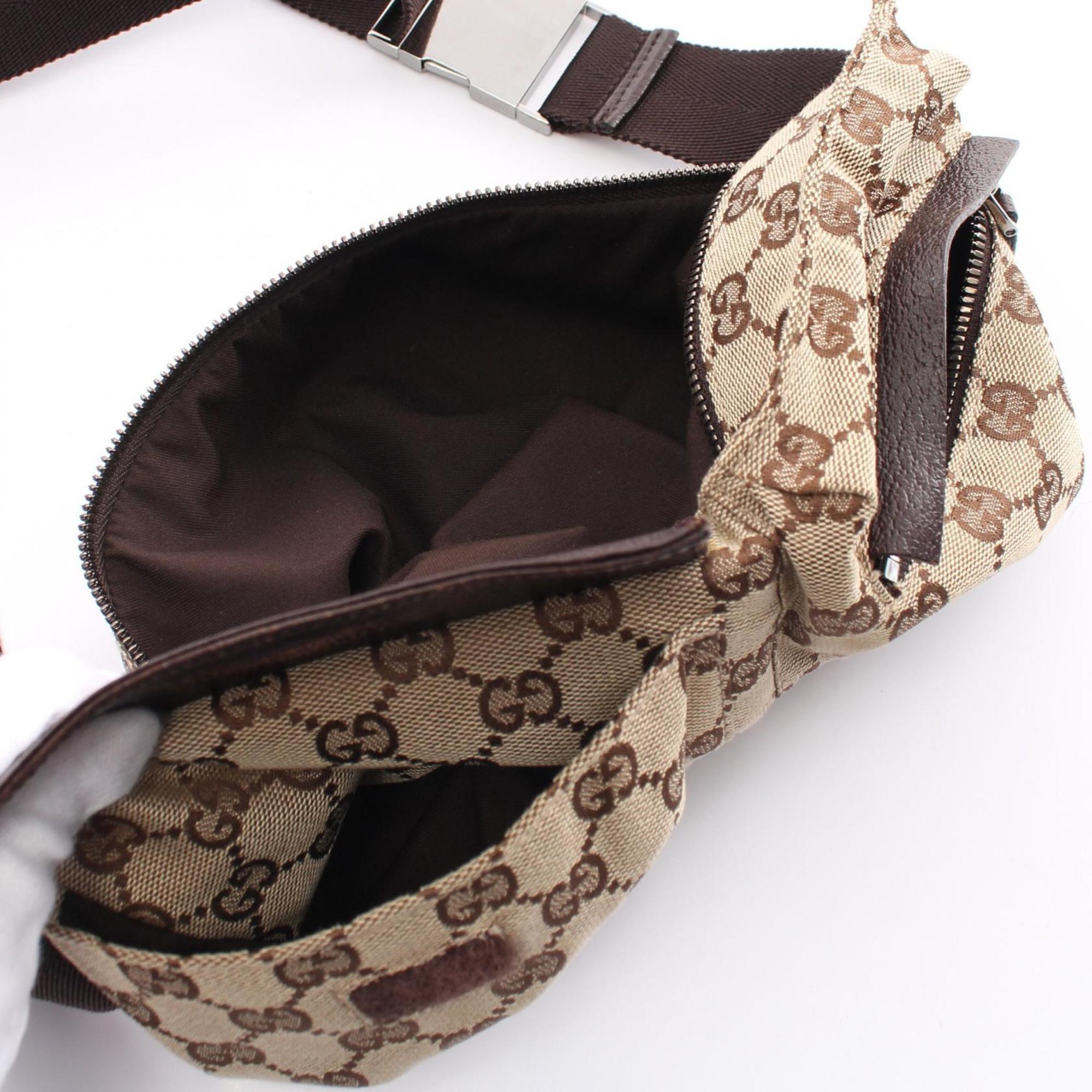 Gucci GG Canvas Waist Bag Body Leather Men Women Beige Brown 28566