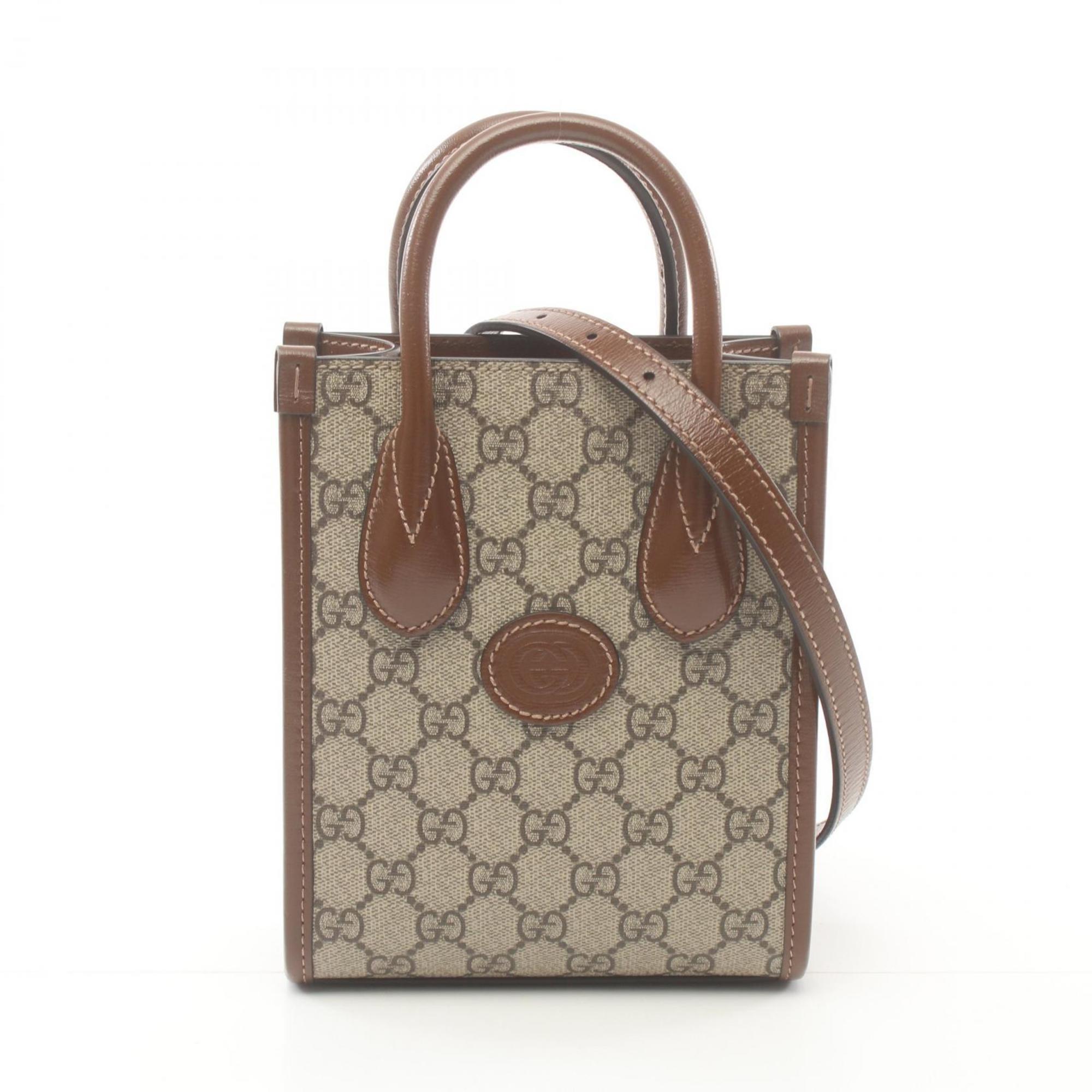 Gucci GG Supreme Tote Bag with Interlocking G Handbag Coated Canvas Leather Women's Beige Brown 671623