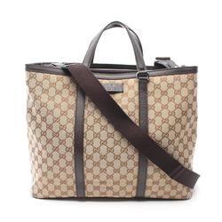 Gucci GG Canvas Tote Bag Leather Men Women Beige Brown