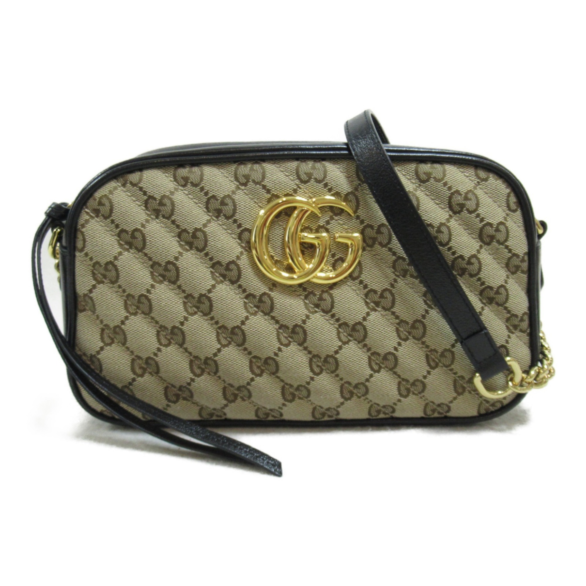 Gucci GG Marmont Shoulder Bag Canvas Leather Women's Beige Black 447632