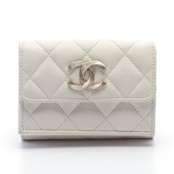 CHANEL Coco Mark Tri-fold Wallet, Caviar Skin, Women's, White