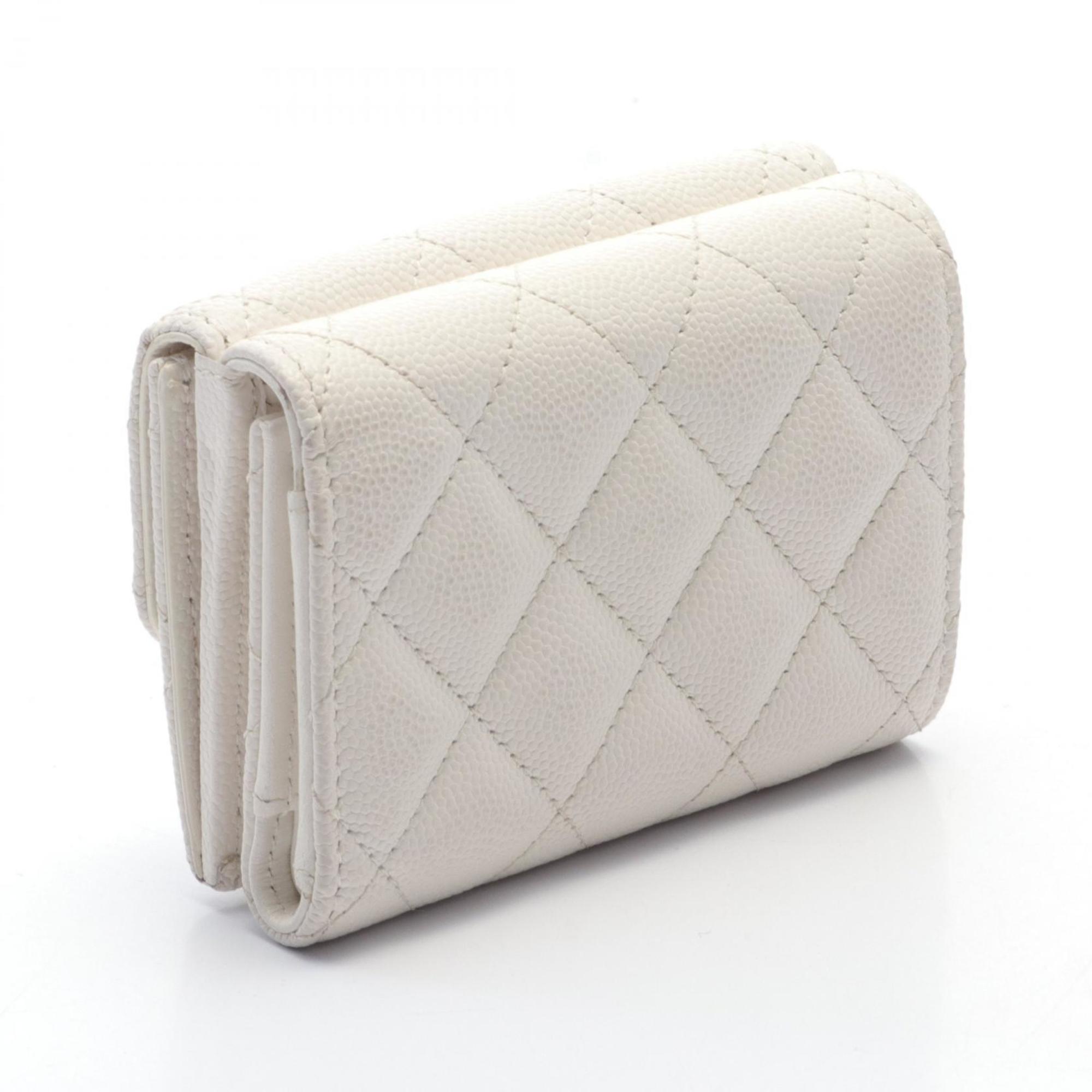 CHANEL Coco Mark Tri-fold Wallet, Caviar Skin, Women's, White