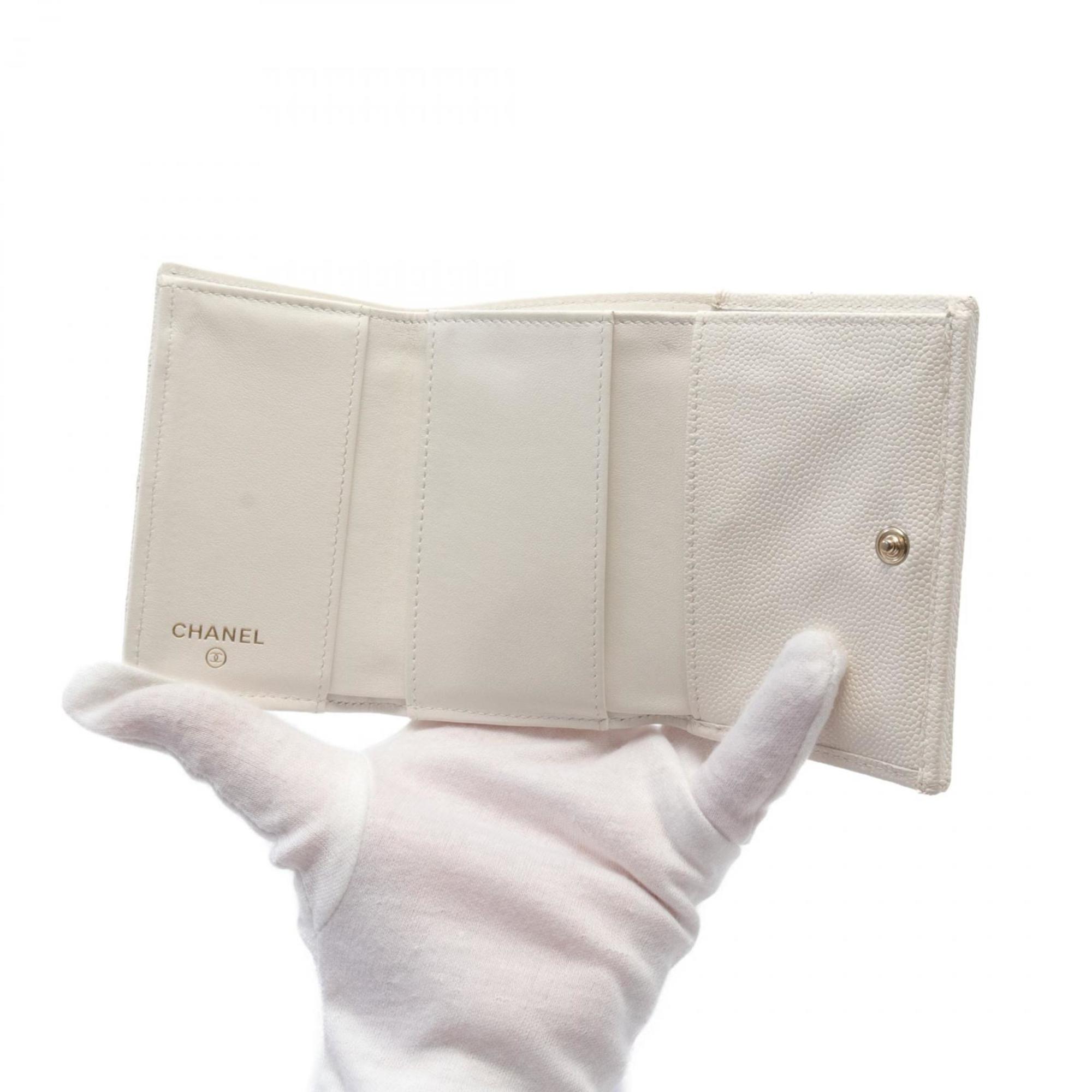 CHANEL Coco Mark Tri-fold Wallet, Caviar Skin, Women's, White