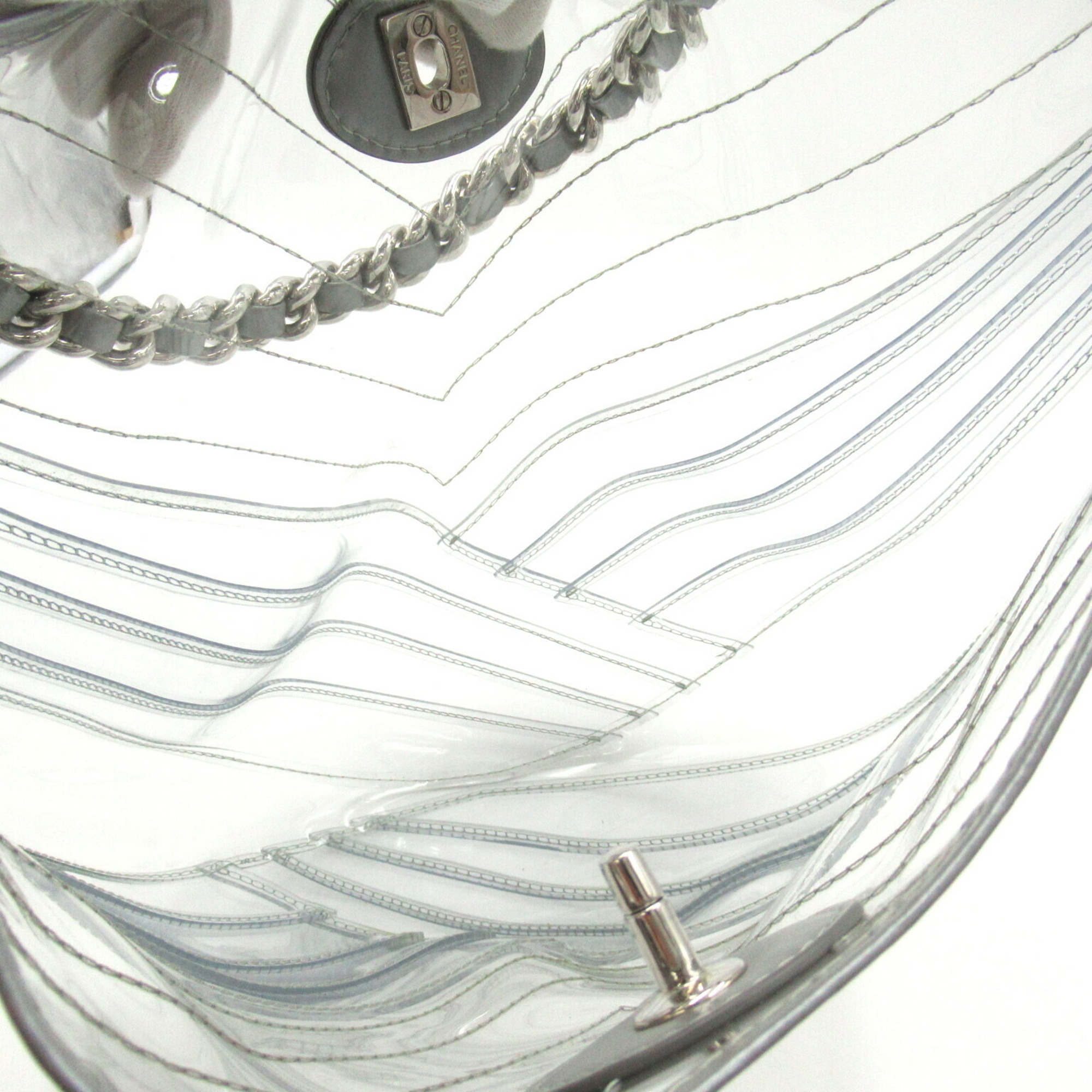 CHANEL Chain Shoulder Bag, Vinyl, Women's, Clear, Silver