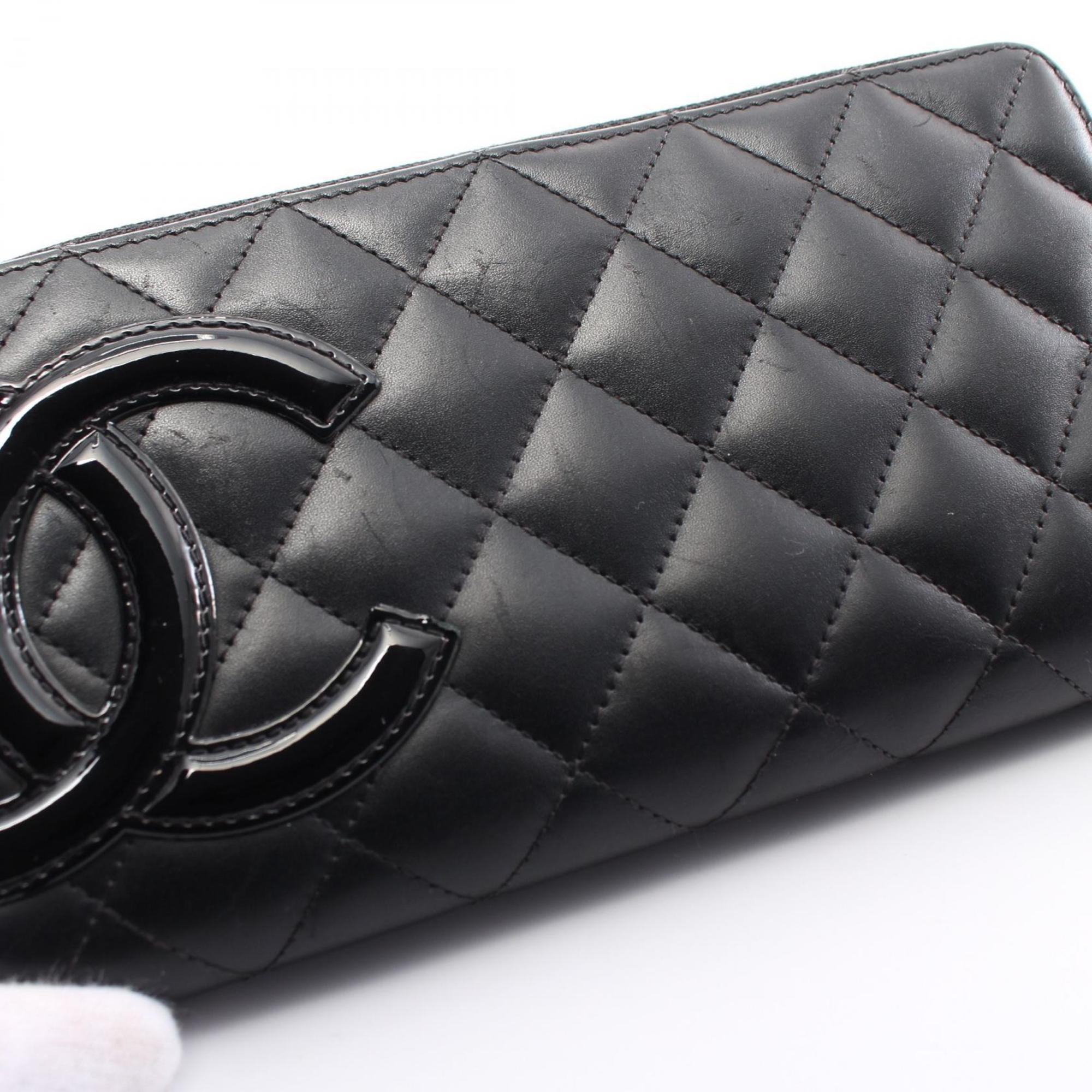 CHANEL Cambon Line Round Long Wallet Leather Patent Women's Black A50078