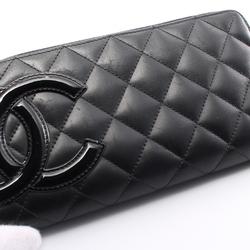 CHANEL Cambon Line Round Long Wallet Leather Patent Women's Black A50078