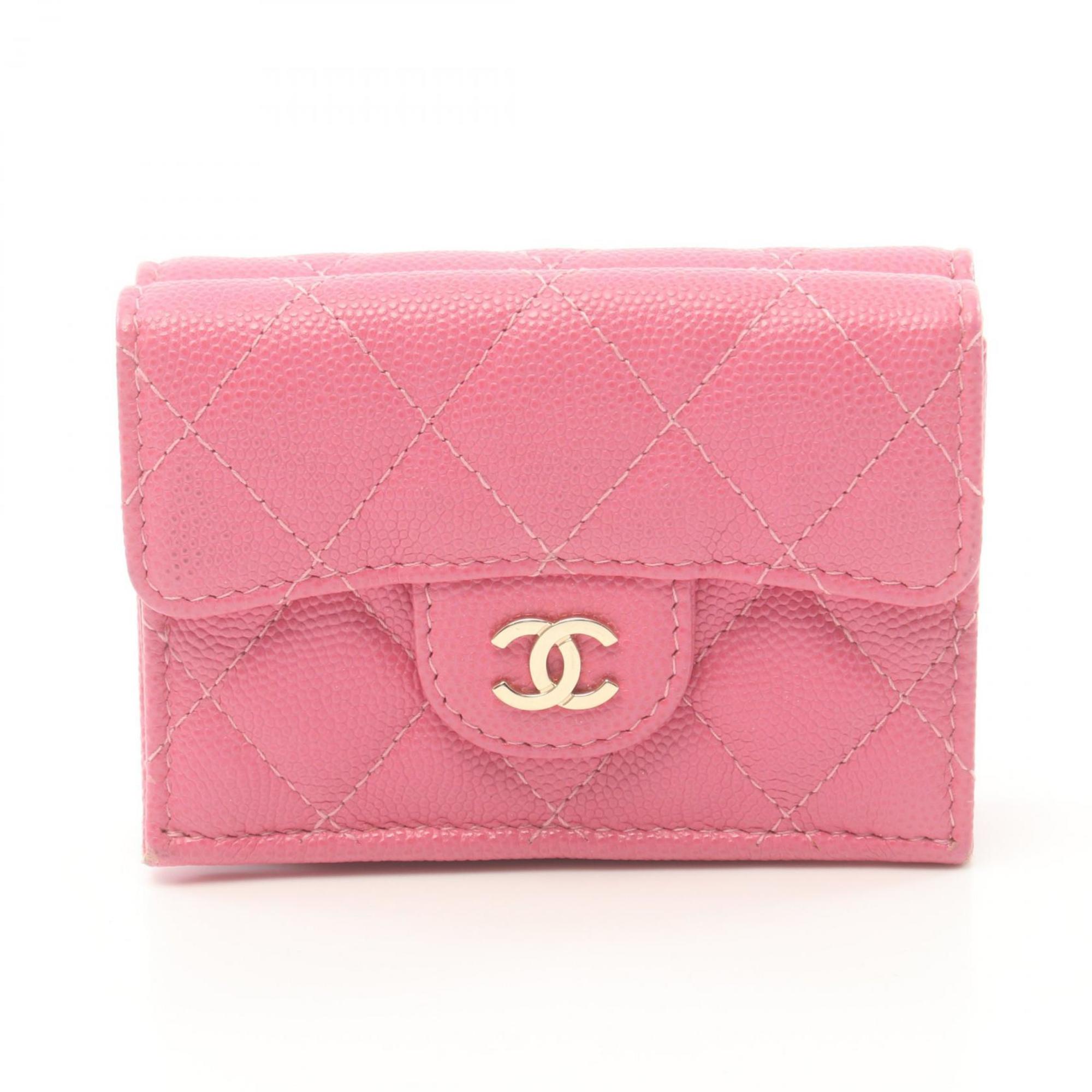 CHANEL Classic Small Flap Wallet Matelasse Tri-fold Caviar Skin Women's Pink AP0230