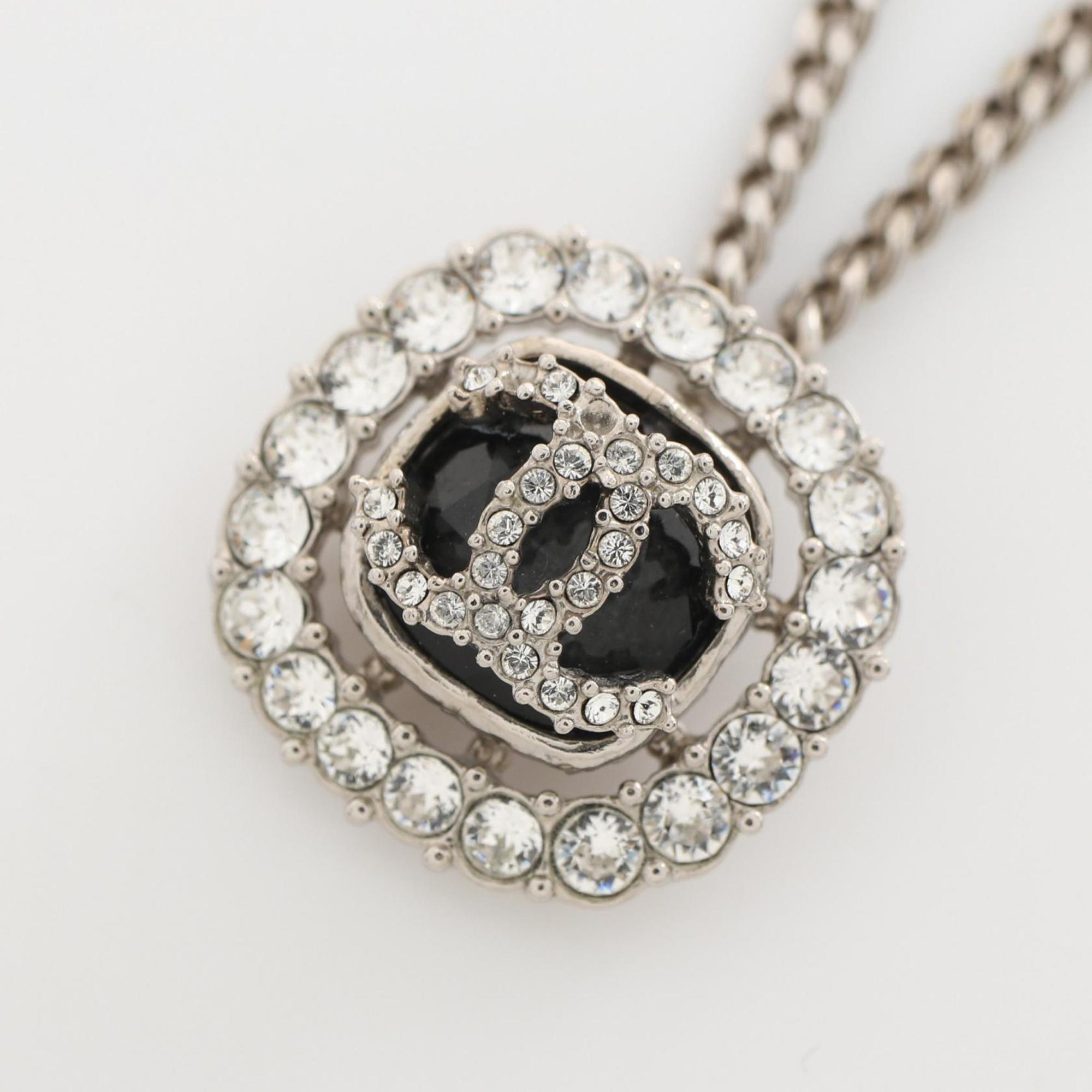 CHANEL Coco Mark Necklace Stainless Steel Rhinestone Women's Silver Clear