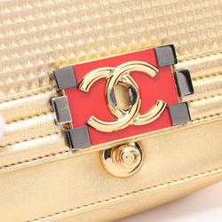 CHANEL Boy Chanel Shoulder Bag Leather Women's Gold Red