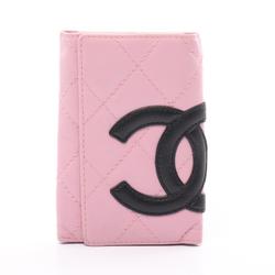 CHANEL Cambon Line Key Case Leather Women's Pink Black