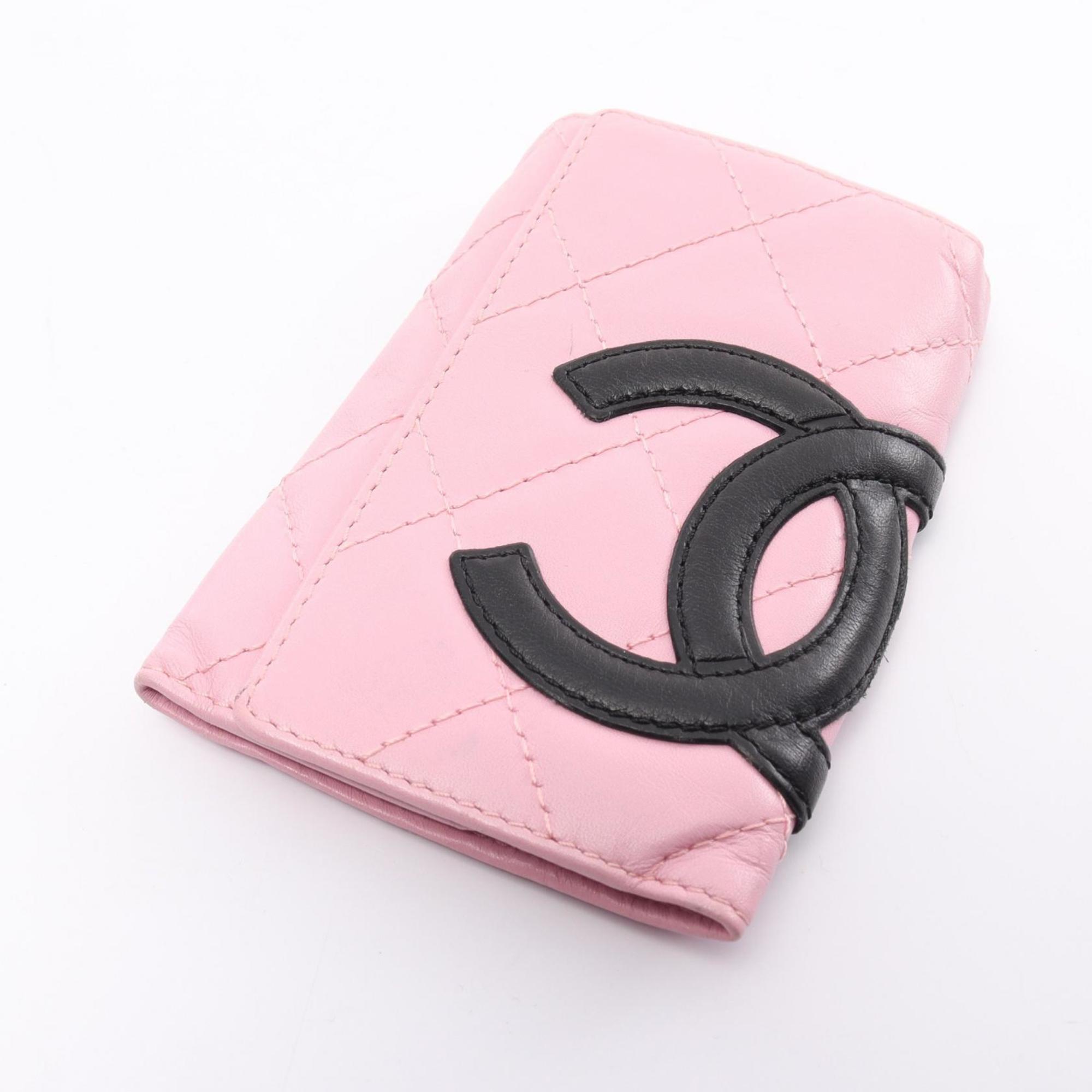 CHANEL Cambon Line Key Case Leather Women's Pink Black