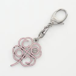 CHANEL Coco Mark Keychain Metal Rhinestone Women's Silver Pink