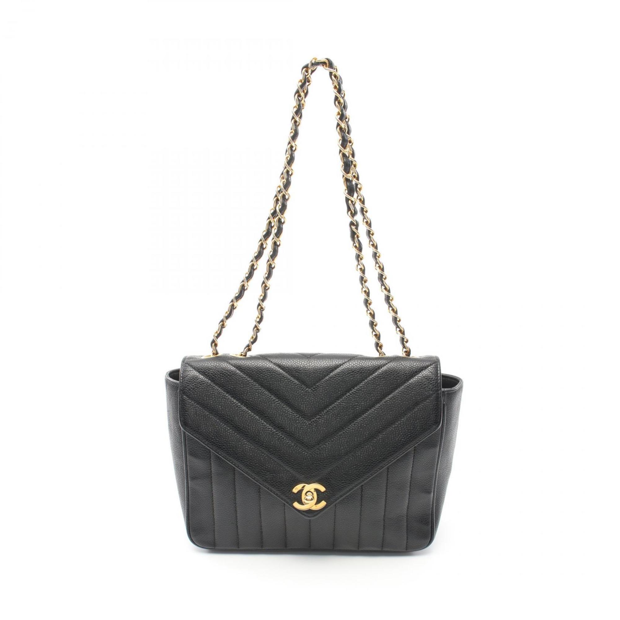 CHANEL Chevron V-stitch Mademoiselle Shoulder Bag, Caviar Skin, Women's, Black