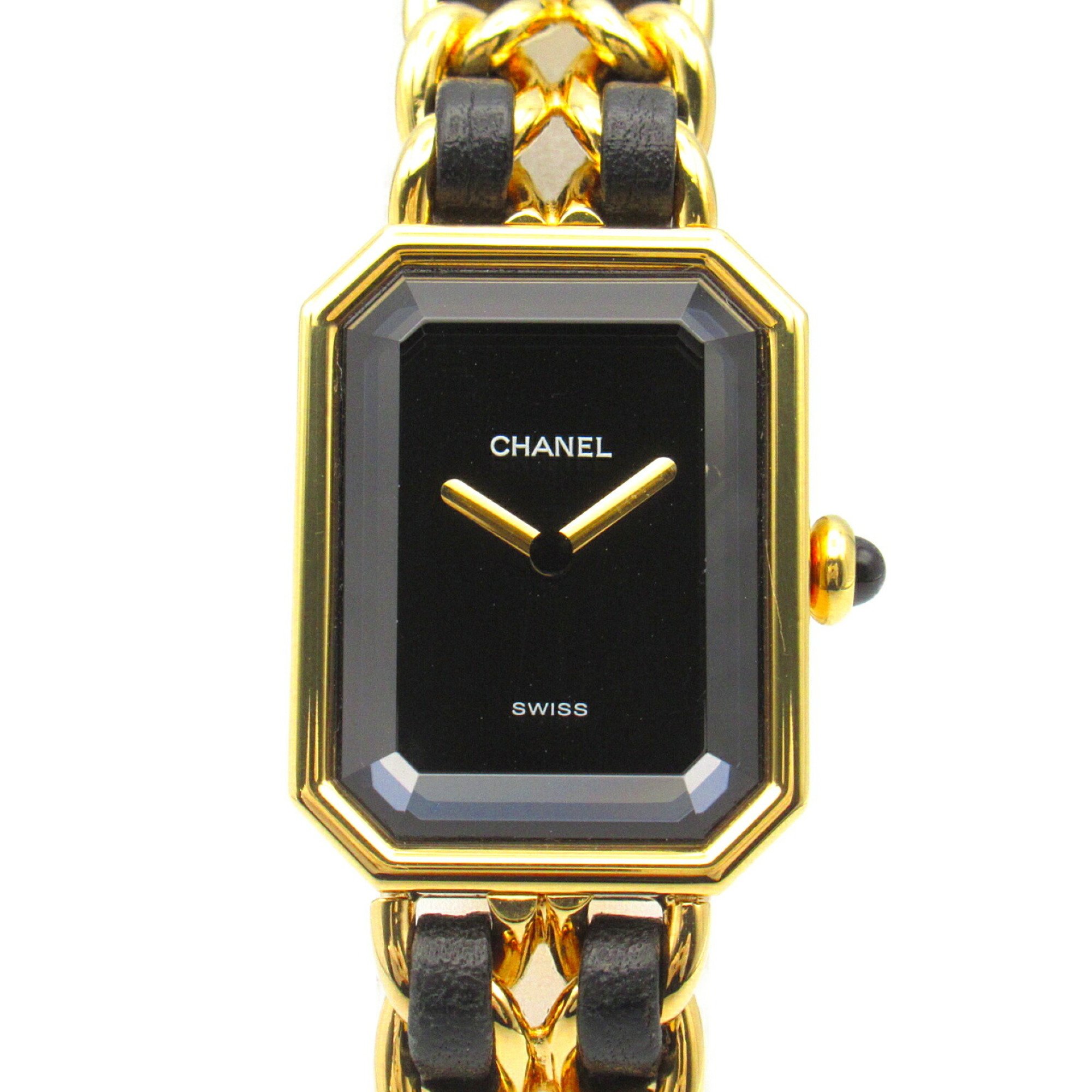 CHANEL Premiere L Watch GP (Gold Plated) Leather Strap Women's Black H0001