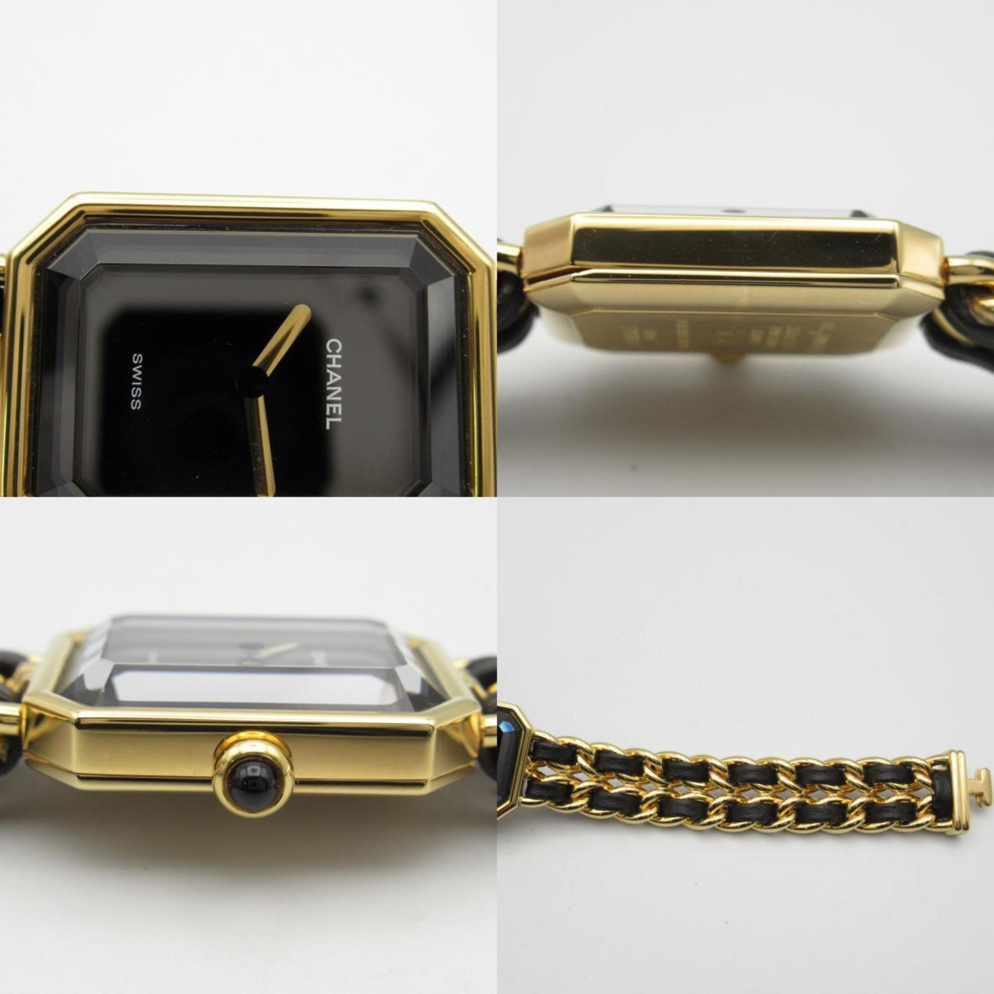 CHANEL Premiere L Watch GP (Gold Plated) Leather Strap Women's Black H0001