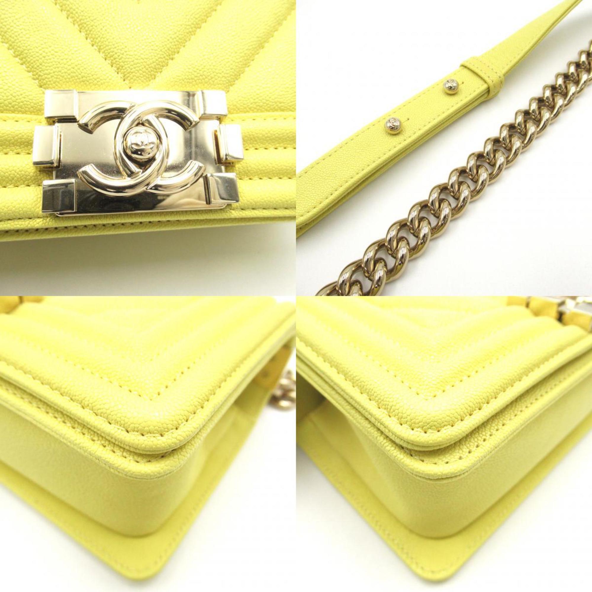 CHANEL Boy Chanel V-stitched chain shoulder bag, caviar skin (grained calfskin), women's, yellow