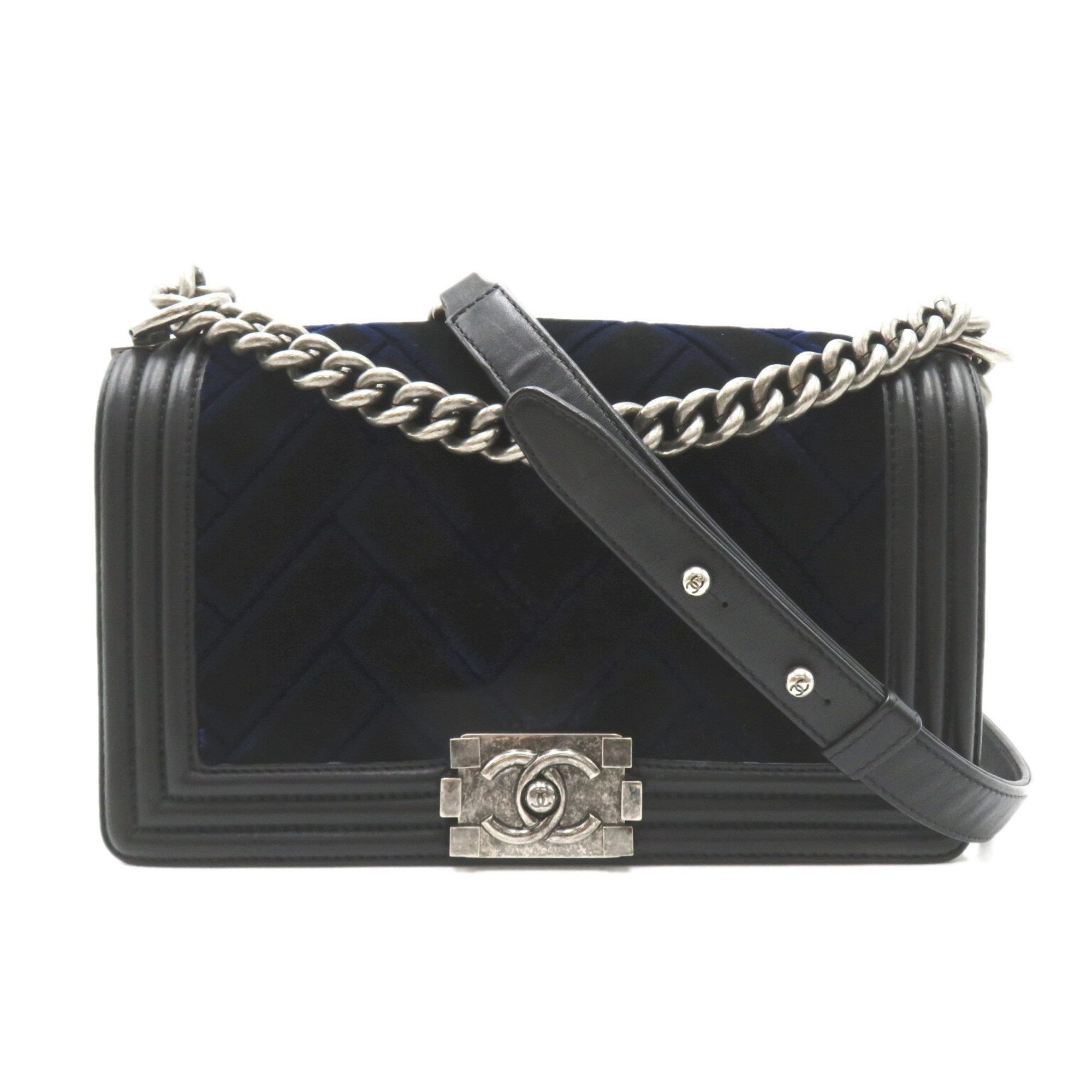 CHANEL Boy Chanel Chain Shoulder Bag, Lambskin (Sheepskin), Women's, Navy, Black