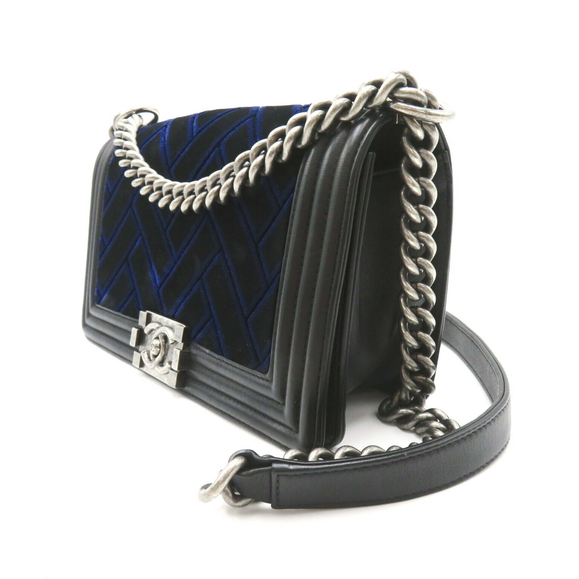 CHANEL Boy Chanel Chain Shoulder Bag, Lambskin (Sheepskin), Women's, Navy, Black