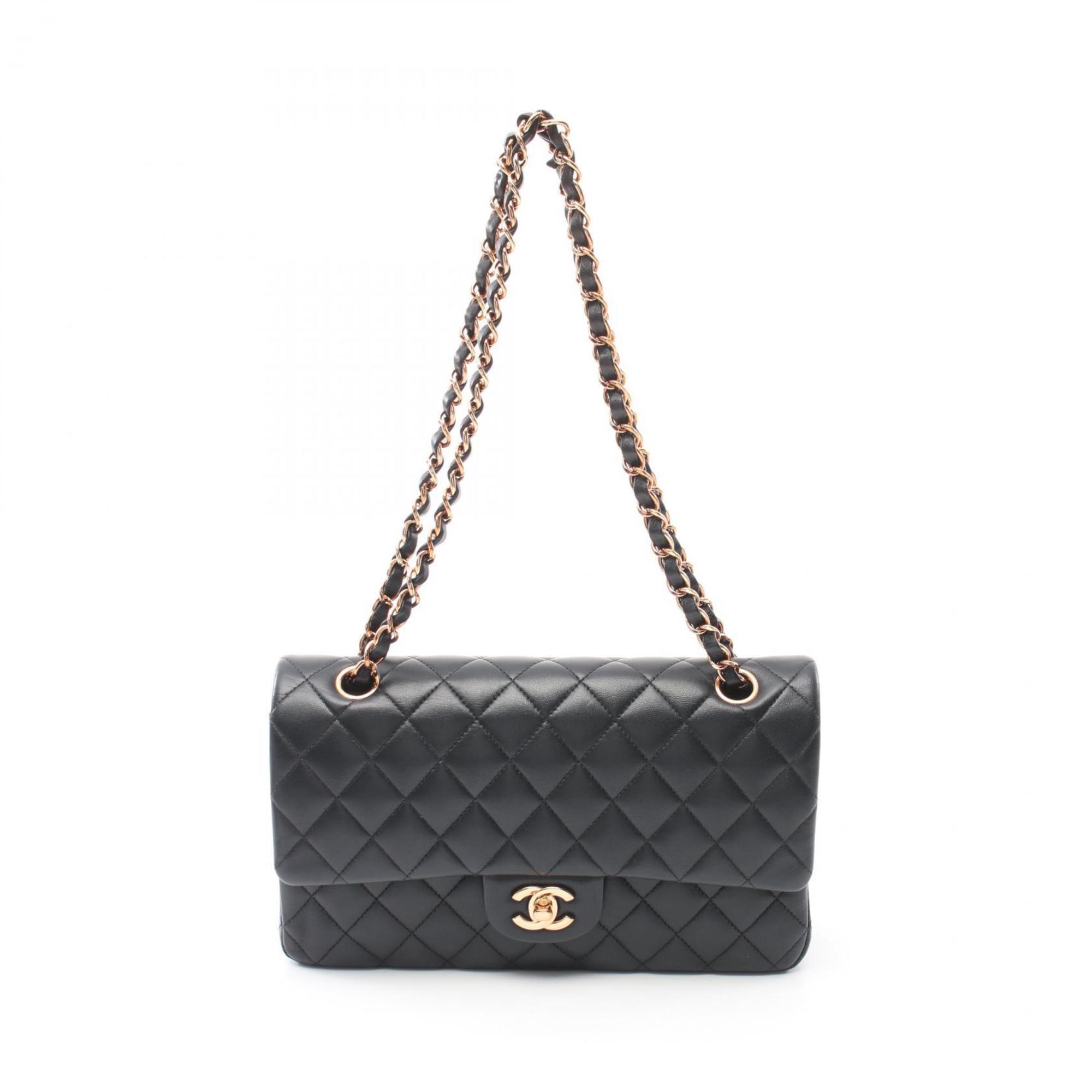 CHANEL Matelasse Double Flap Shoulder Bag, Lambskin, Women's, Black, A01112