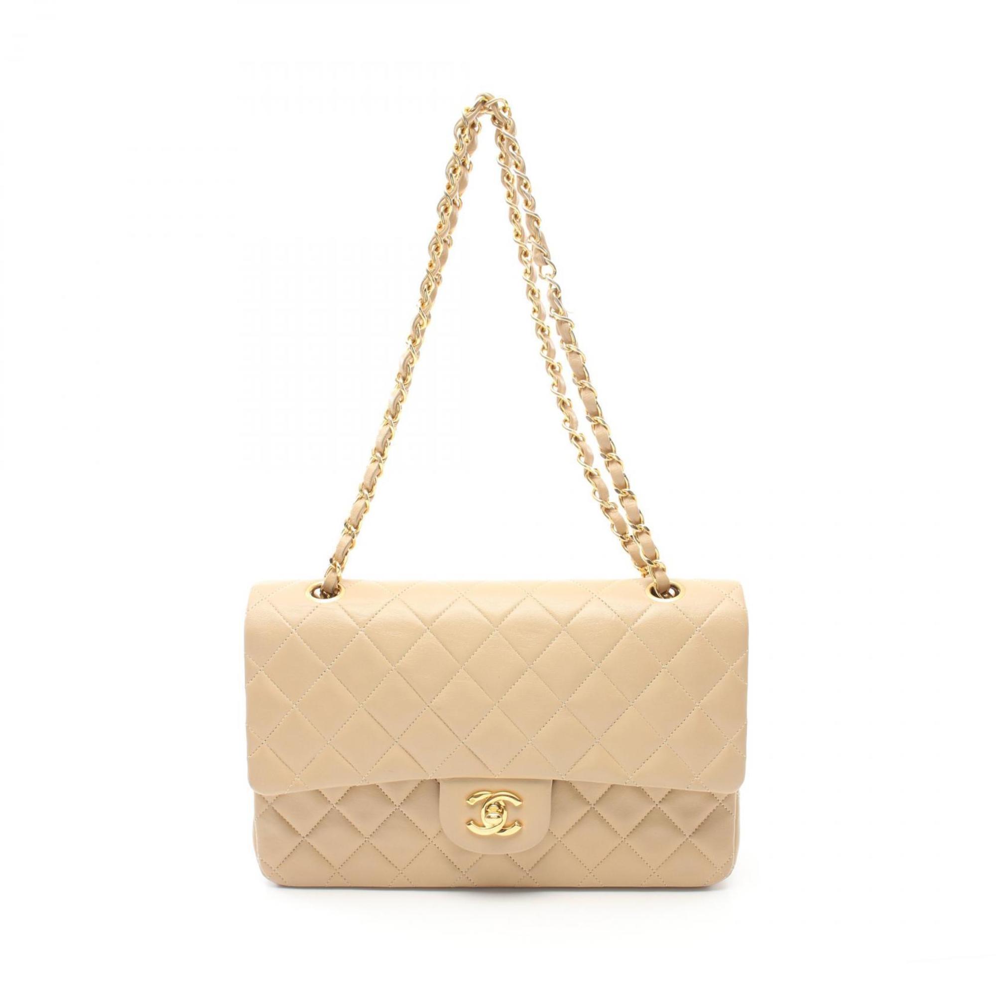 CHANEL Matelasse Double Flap Shoulder Bag, Lambskin, Women's, Beige, A01112