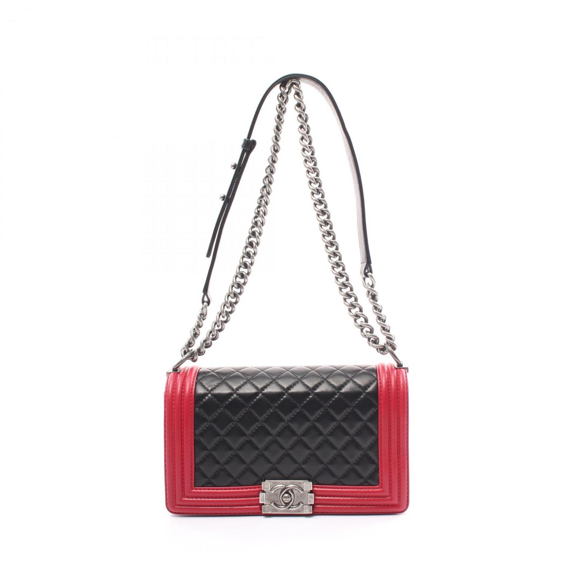 CHANEL Boy Chanel Shoulder Bag Lambskin Women's Black Red