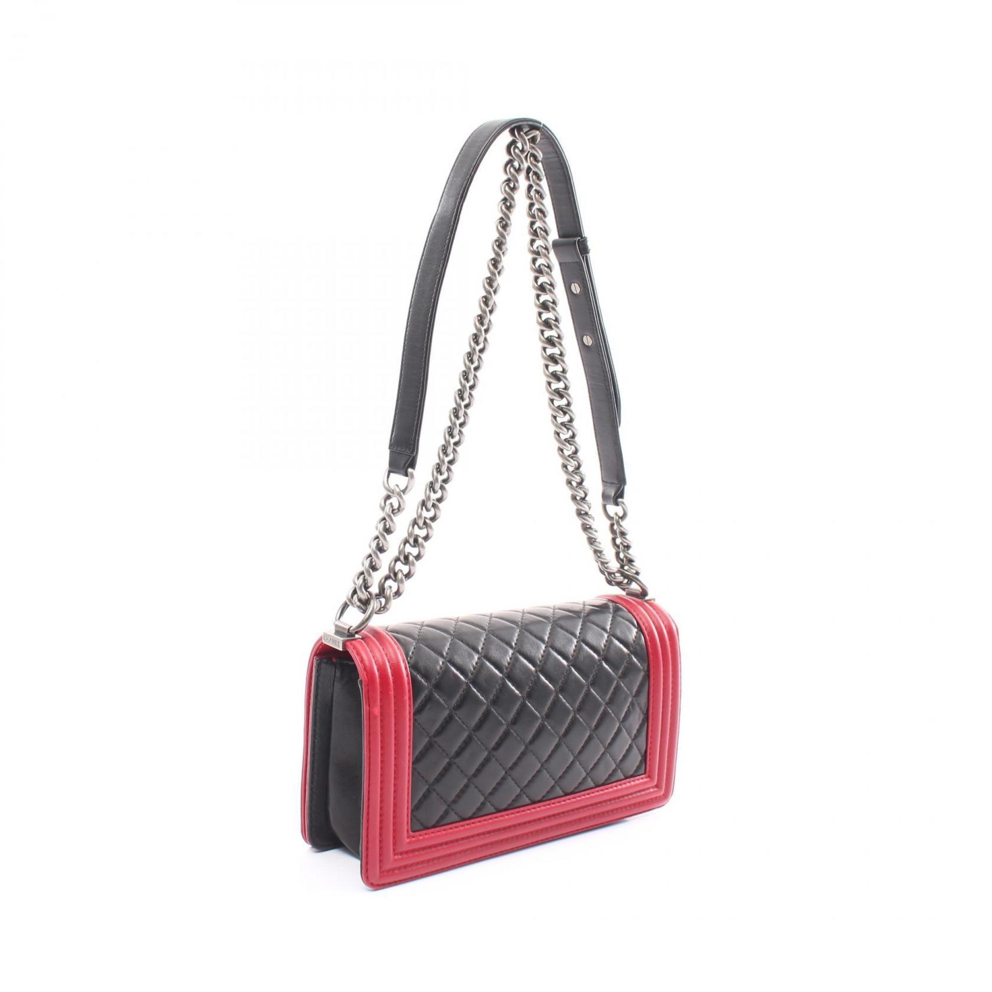 CHANEL Boy Chanel Shoulder Bag Lambskin Women's Black Red