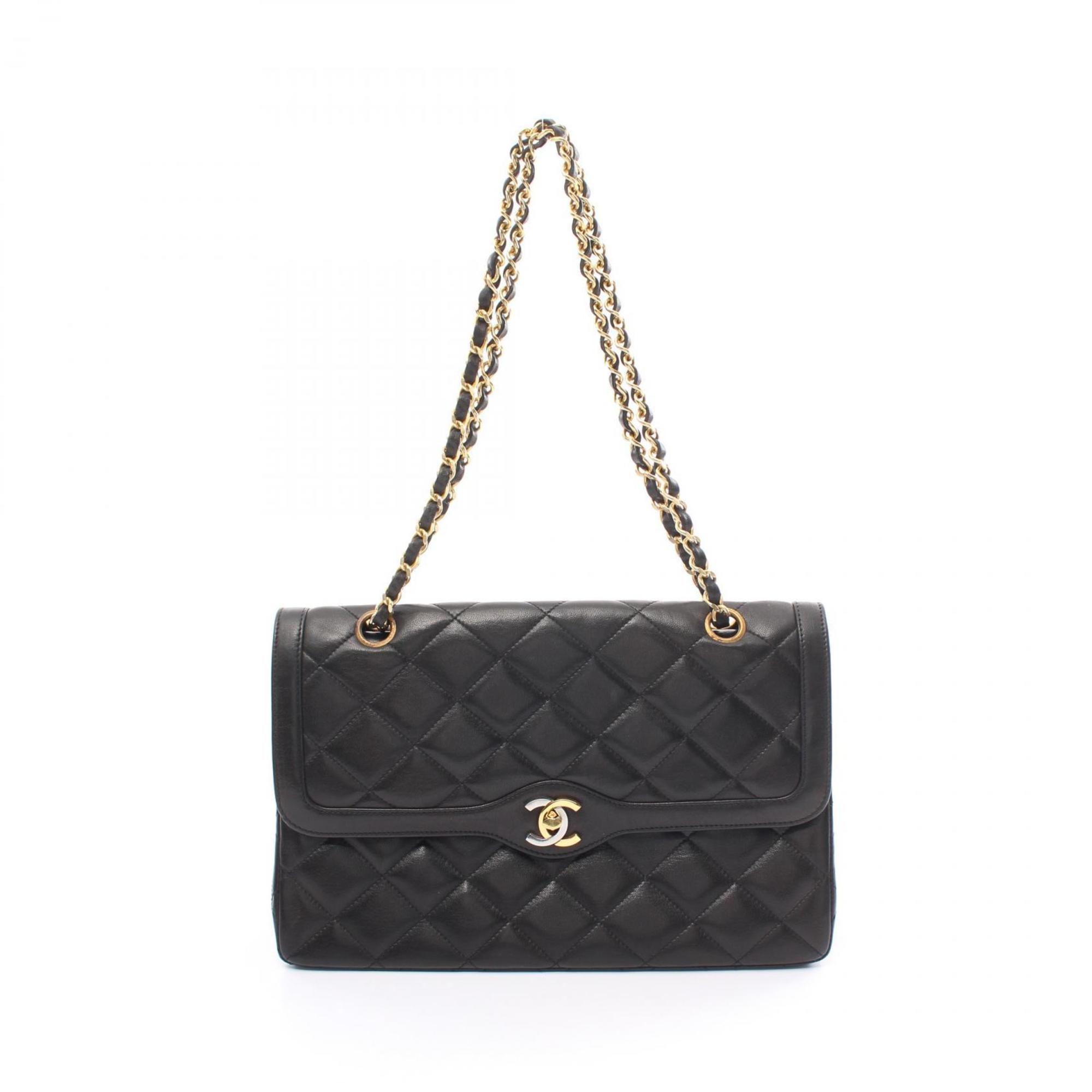 CHANEL Matelasse Double Flap Shoulder Bag, Lambskin, Women's, Black