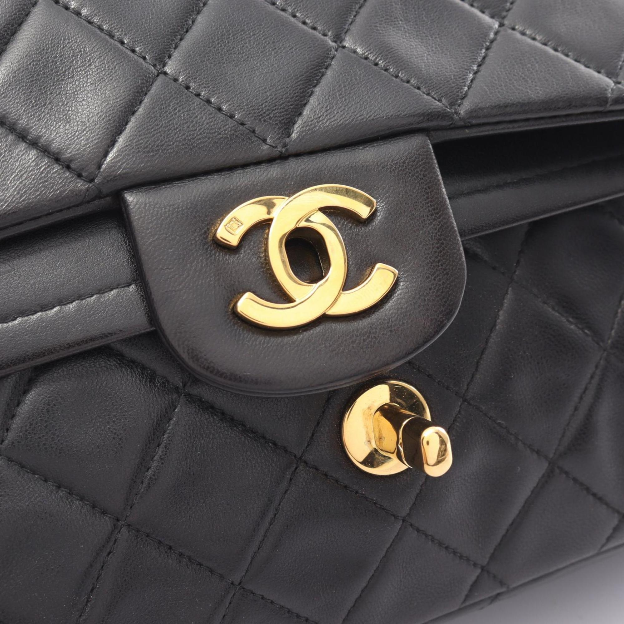 CHANEL Matelasse Double Flap Shoulder Bag, Lambskin, Women's, Black, A01112