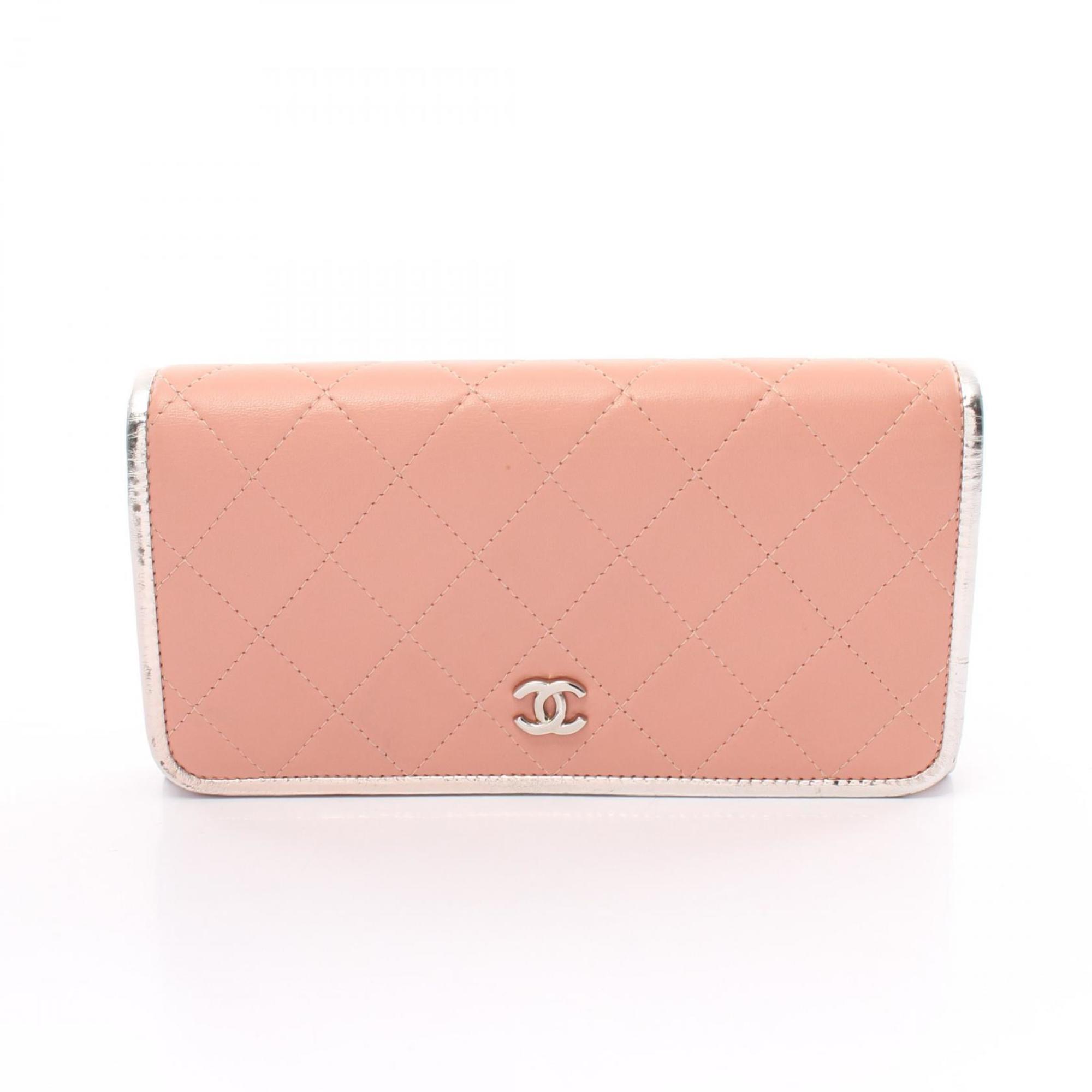 CHANEL Matelasse Coco Mark Bi-fold Long Wallet Leather Women's Pink