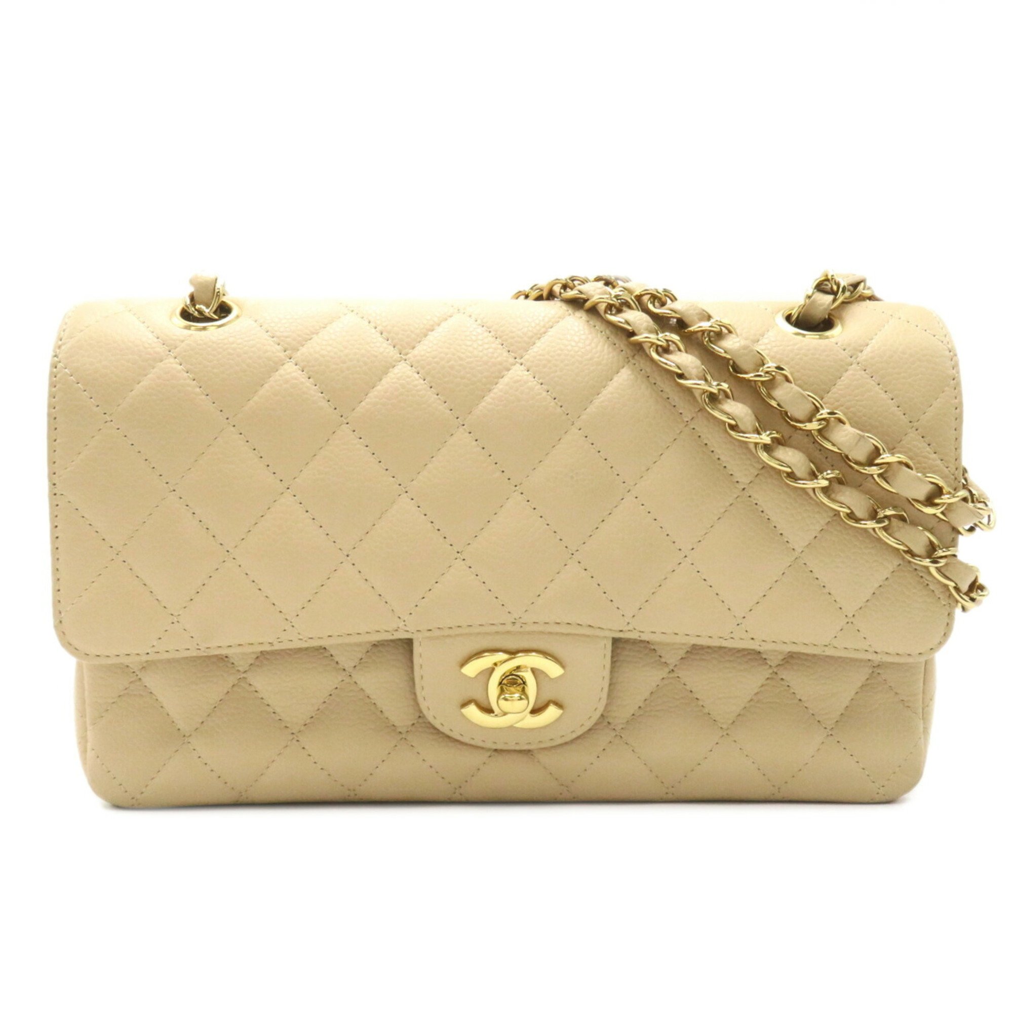 CHANEL Matelasse Double Flap Chain Shoulder Bag, Caviar Skin (Grained Calf), Women's, Beige