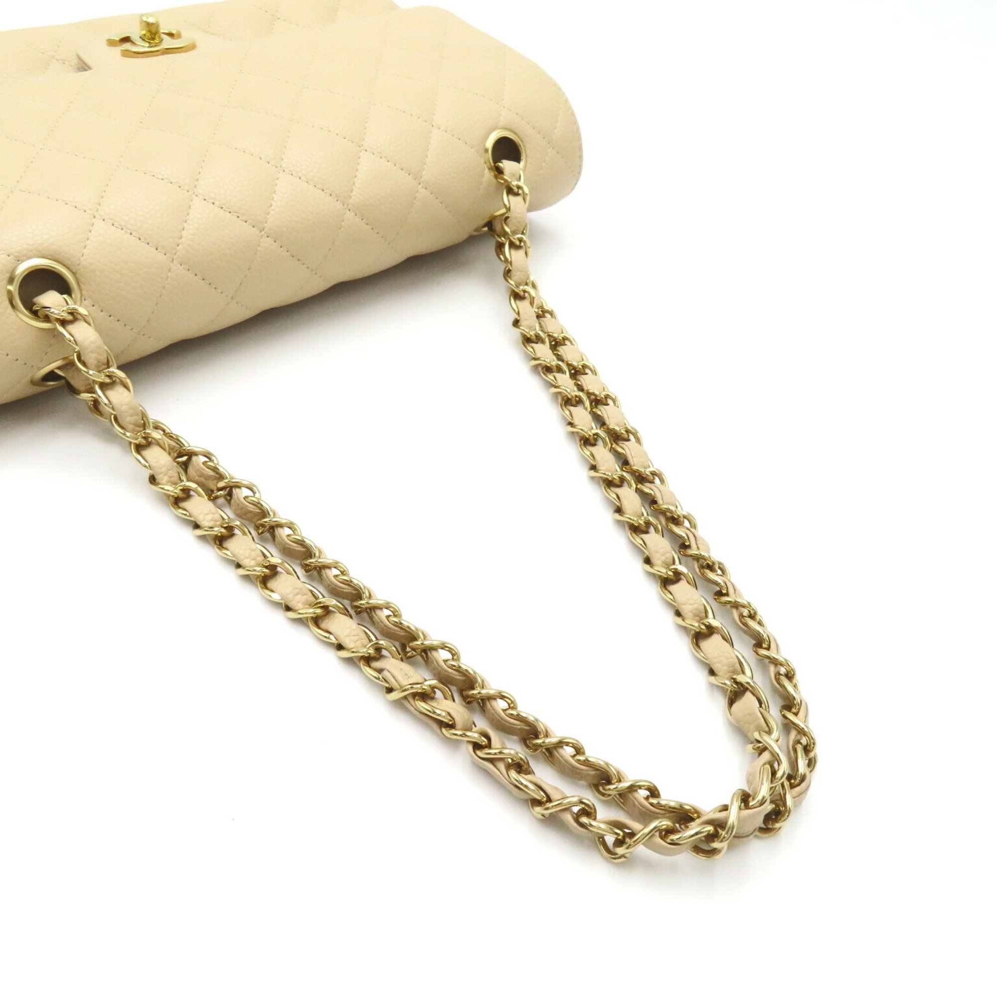 CHANEL Matelasse Double Flap Chain Shoulder Bag, Caviar Skin (Grained Calf), Women's, Beige