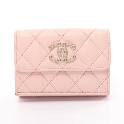 CHANEL Matelasse Tri-fold Long Wallet Caviar Skin Women's Pink