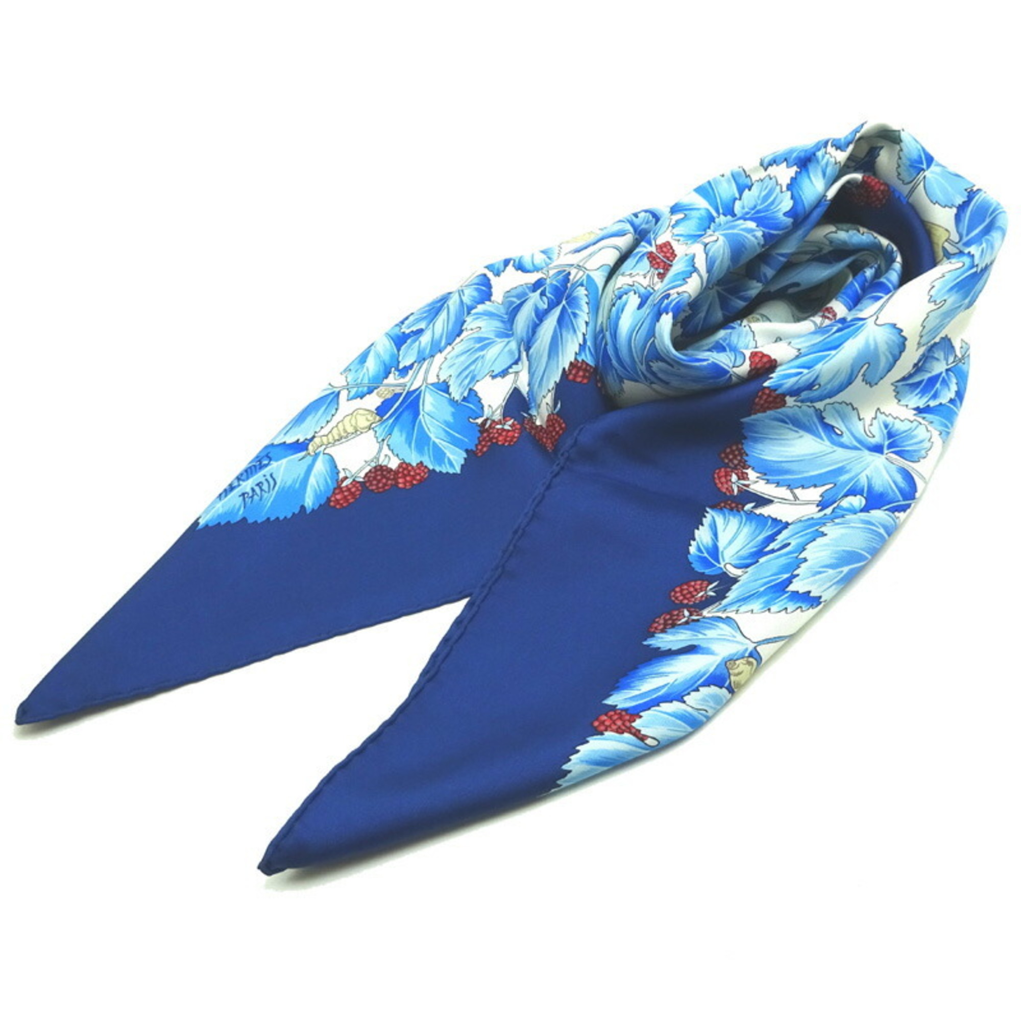 Hermes Carré 90 l'ARBRE de SOiE Silk Tree Mulberry and Silkworms Women's Scarf Muffler 100% Blue