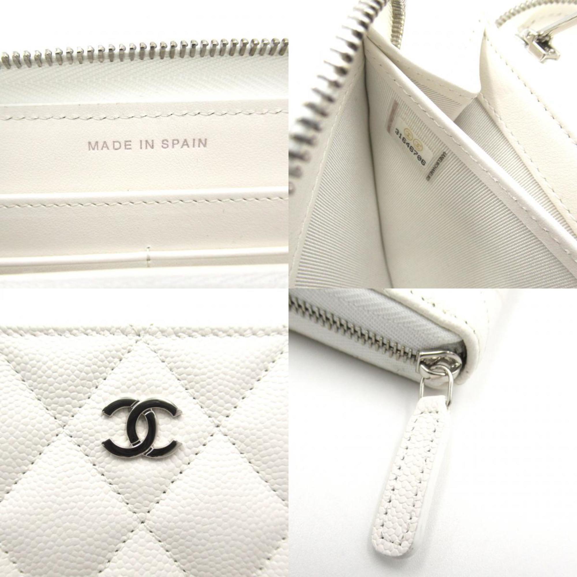 CHANEL Matelasse Round Long Wallet Caviar Skin (Grained Calf) Men's Women's White