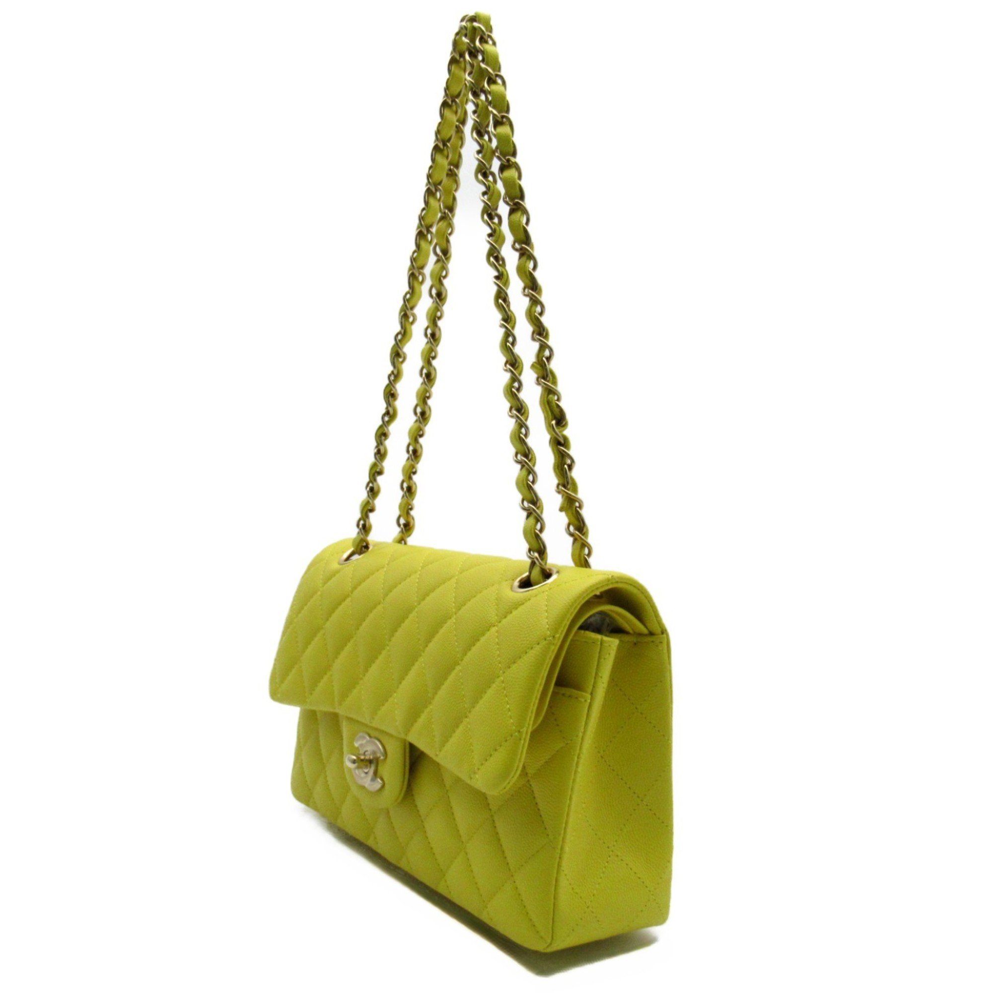 CHANEL Matelasse Double Flap Chain Shoulder Bag Caviar Skin (Grained Calf) Women's Yellow