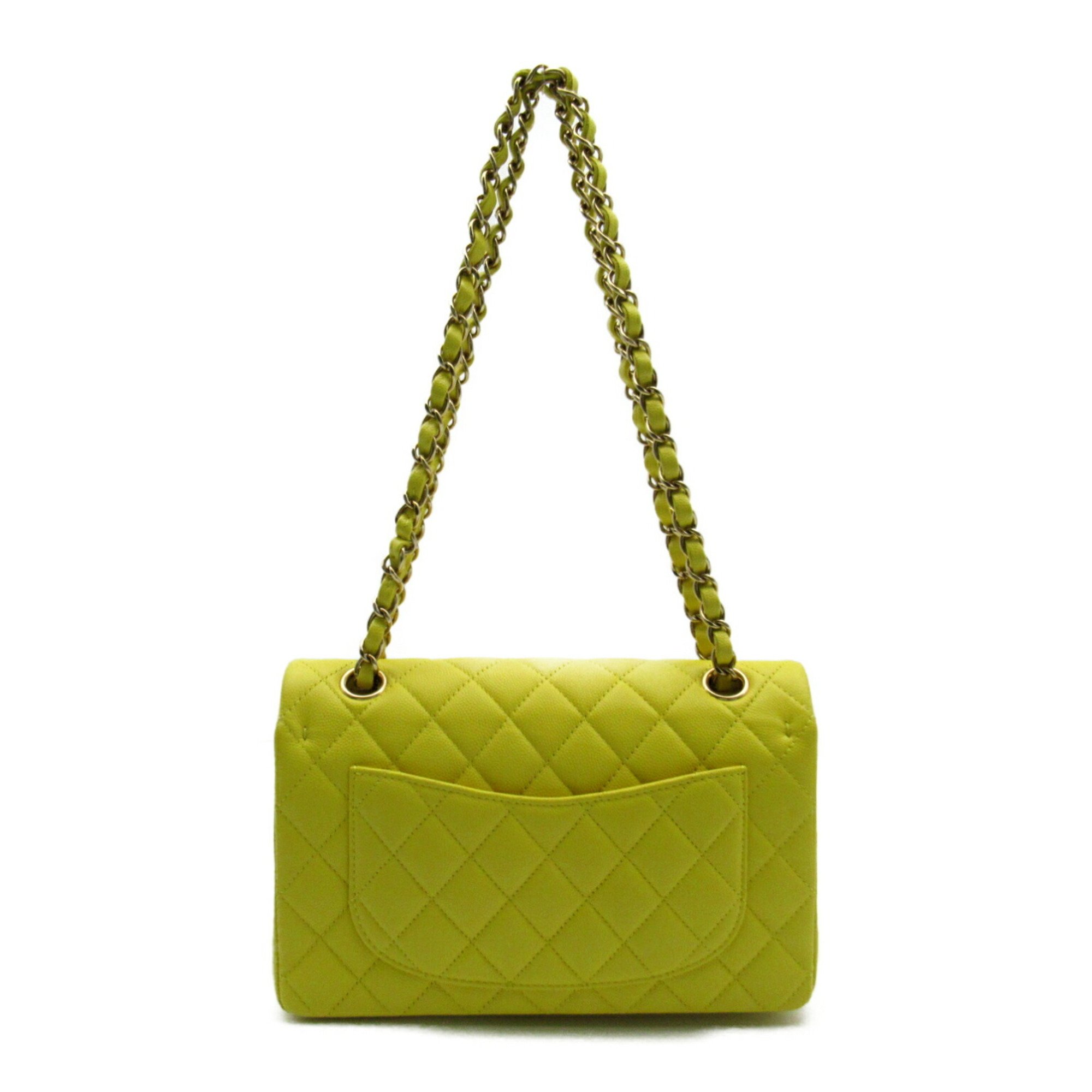 CHANEL Matelasse Double Flap Chain Shoulder Bag Caviar Skin (Grained Calf) Women's Yellow