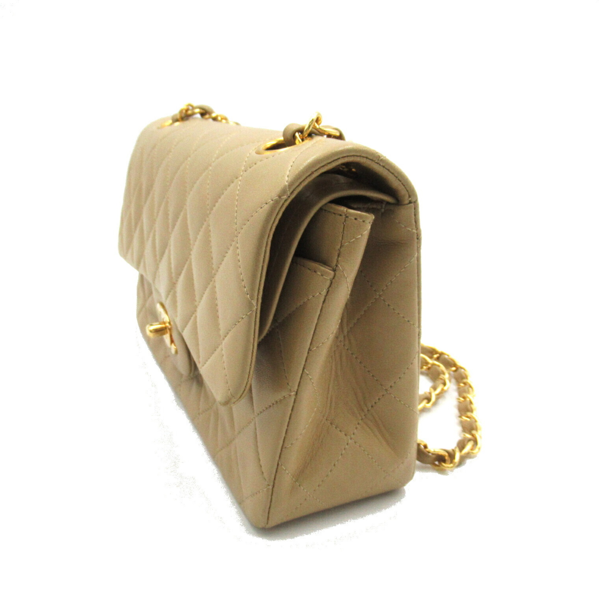 CHANEL Matelasse Double Flap Chain Shoulder Bag, Lambskin, Women's, Beige, A01113