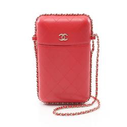 CHANEL Matelasse Chain Phone Holder Shoulder Bag Leather Women's Red