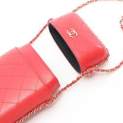 CHANEL Matelasse Chain Phone Holder Shoulder Bag Leather Women's Red