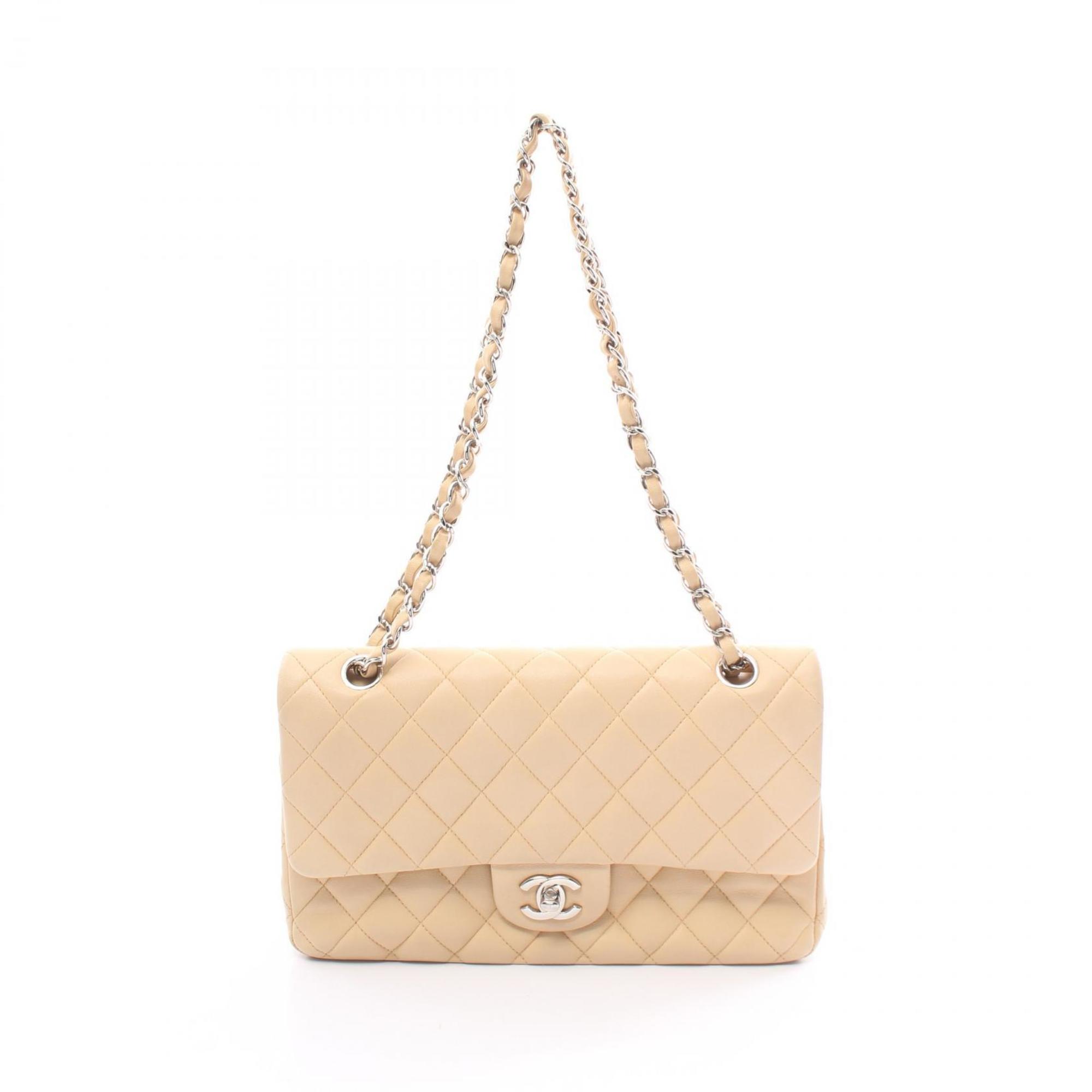 CHANEL Matelasse Double Flap Shoulder Bag, Lambskin, Women's, Beige