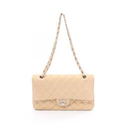 CHANEL Matelasse Double Flap Shoulder Bag, Lambskin, Women's, Beige