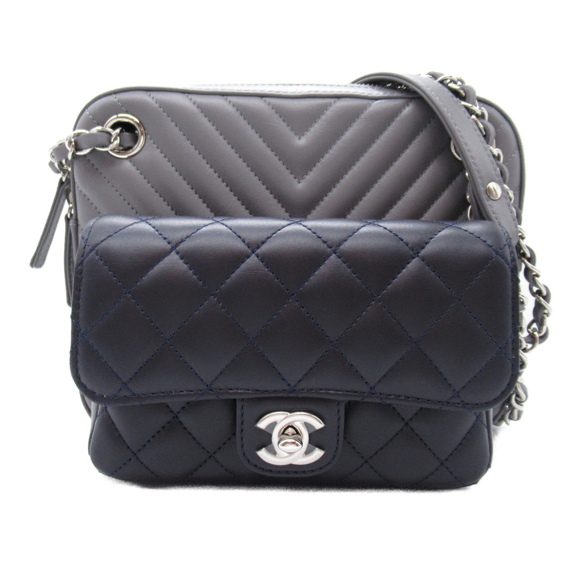 CHANEL Matelasse V-stitch chain shoulder bag, leather, women's, gray, navy