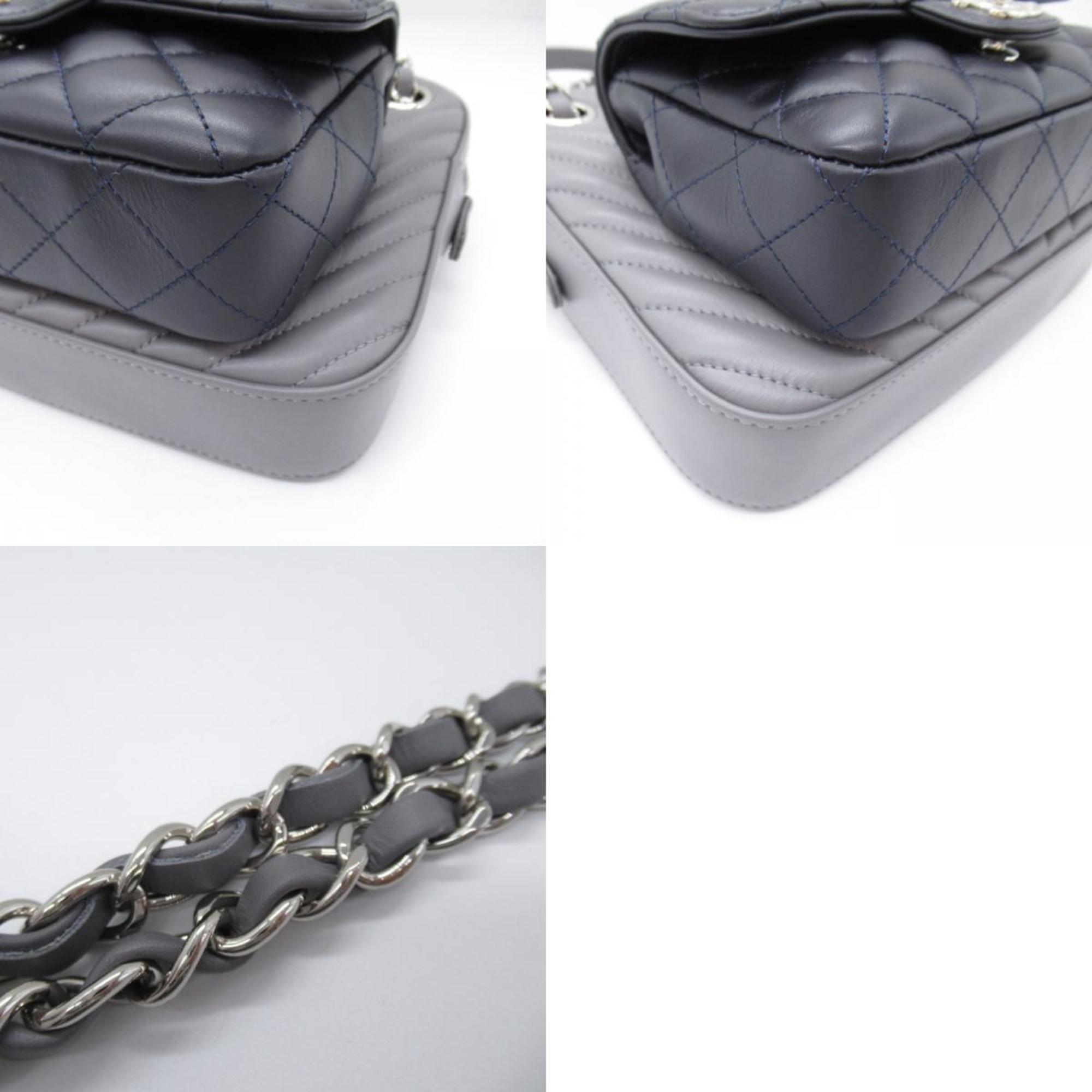 CHANEL Matelasse V-stitch chain shoulder bag, leather, women's, gray, navy