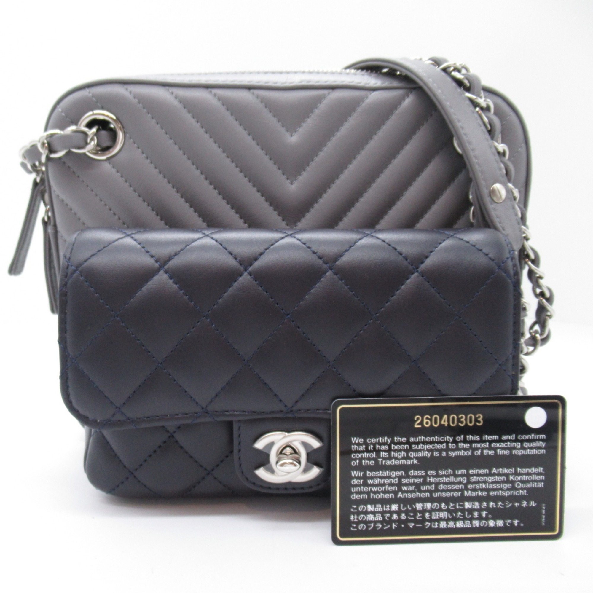 CHANEL Matelasse V-stitch chain shoulder bag, leather, women's, gray, navy